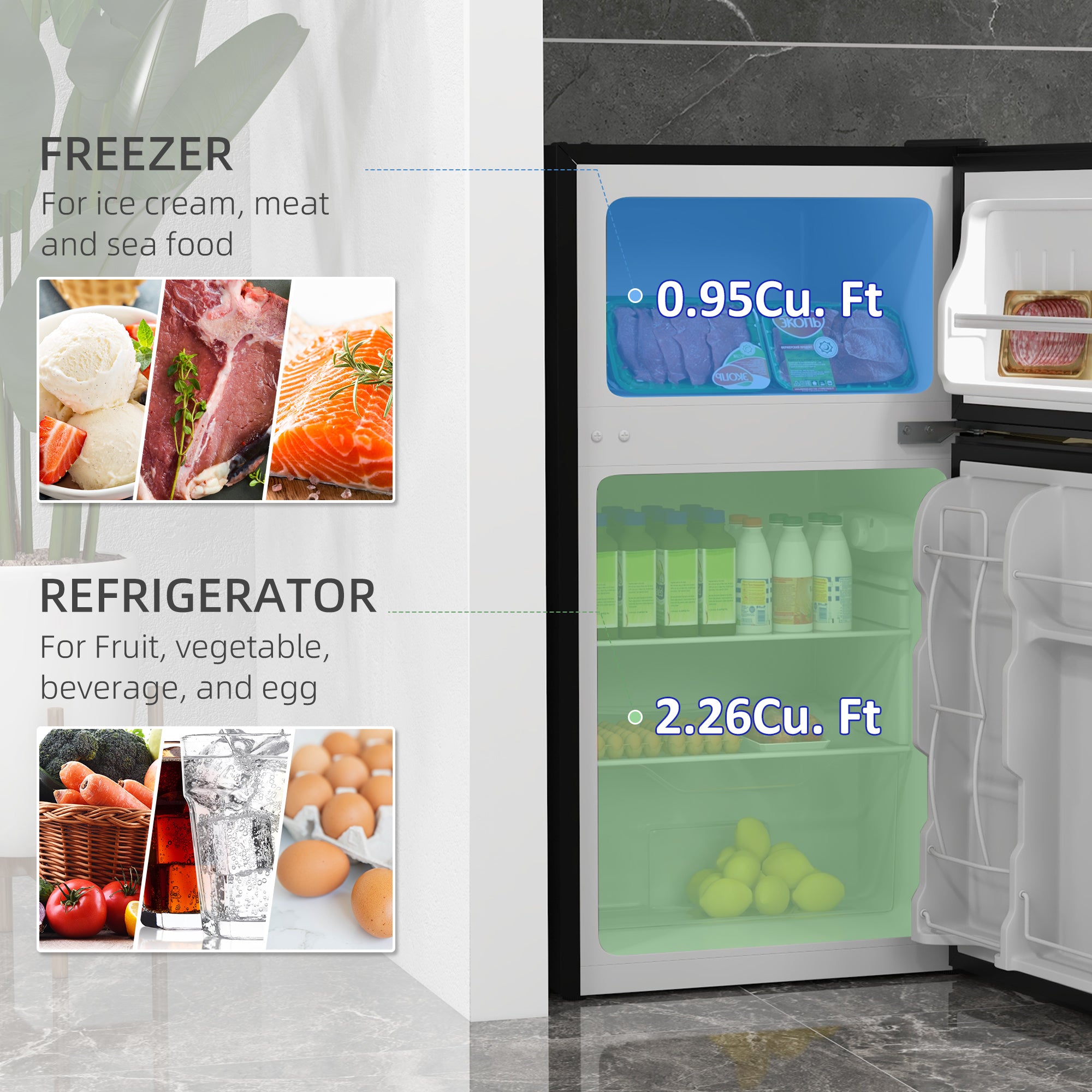 Kozy - 88L Under Counter Fridge Freezer, Small Refrigerator with 5-Setting, 3 Star Freezer Rating, Black and Silver Tone