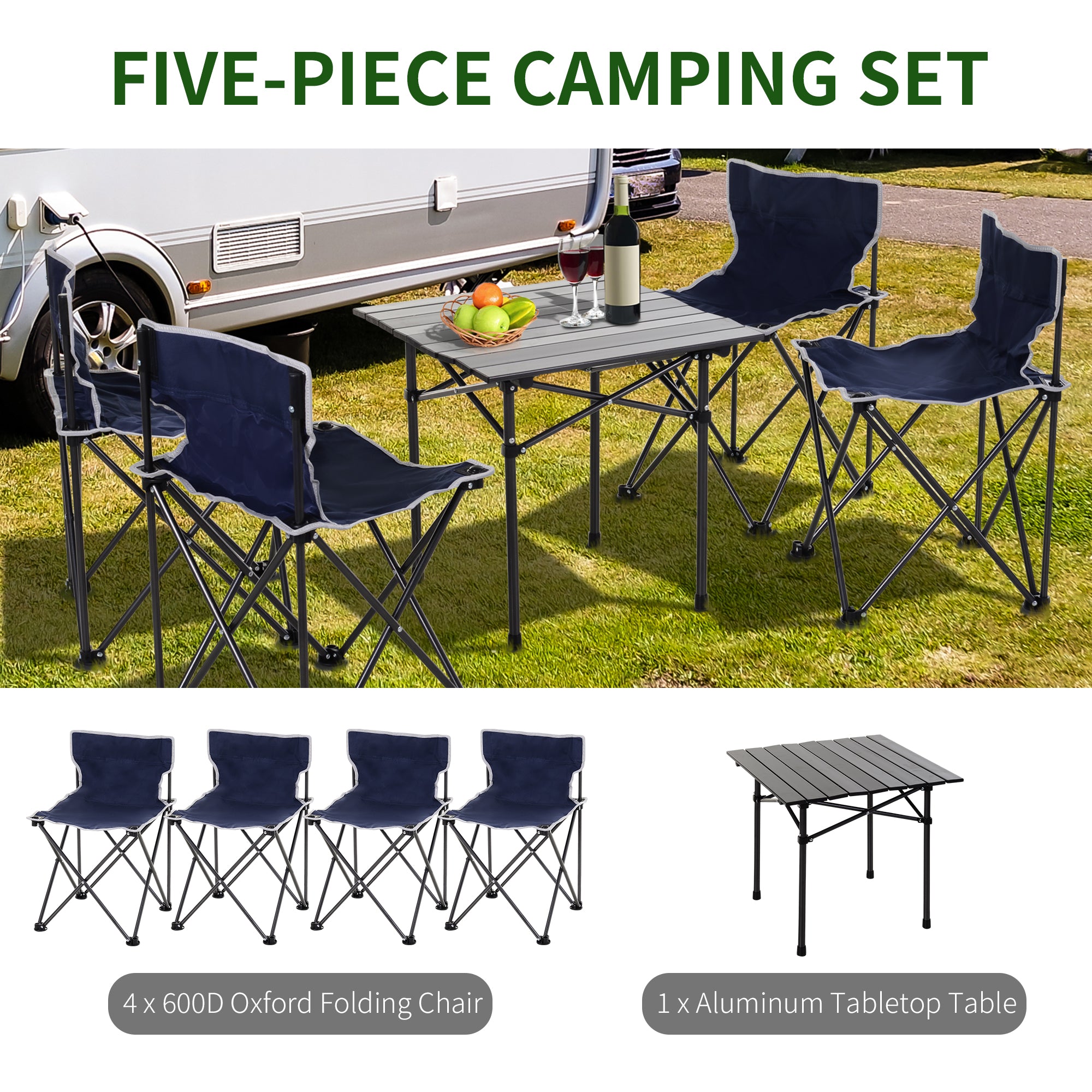 Outsunny 5 Piece Camping Table & Chairs Set with Carrying Bag Foldable Portable Lightweight Compact Aluminium Roll