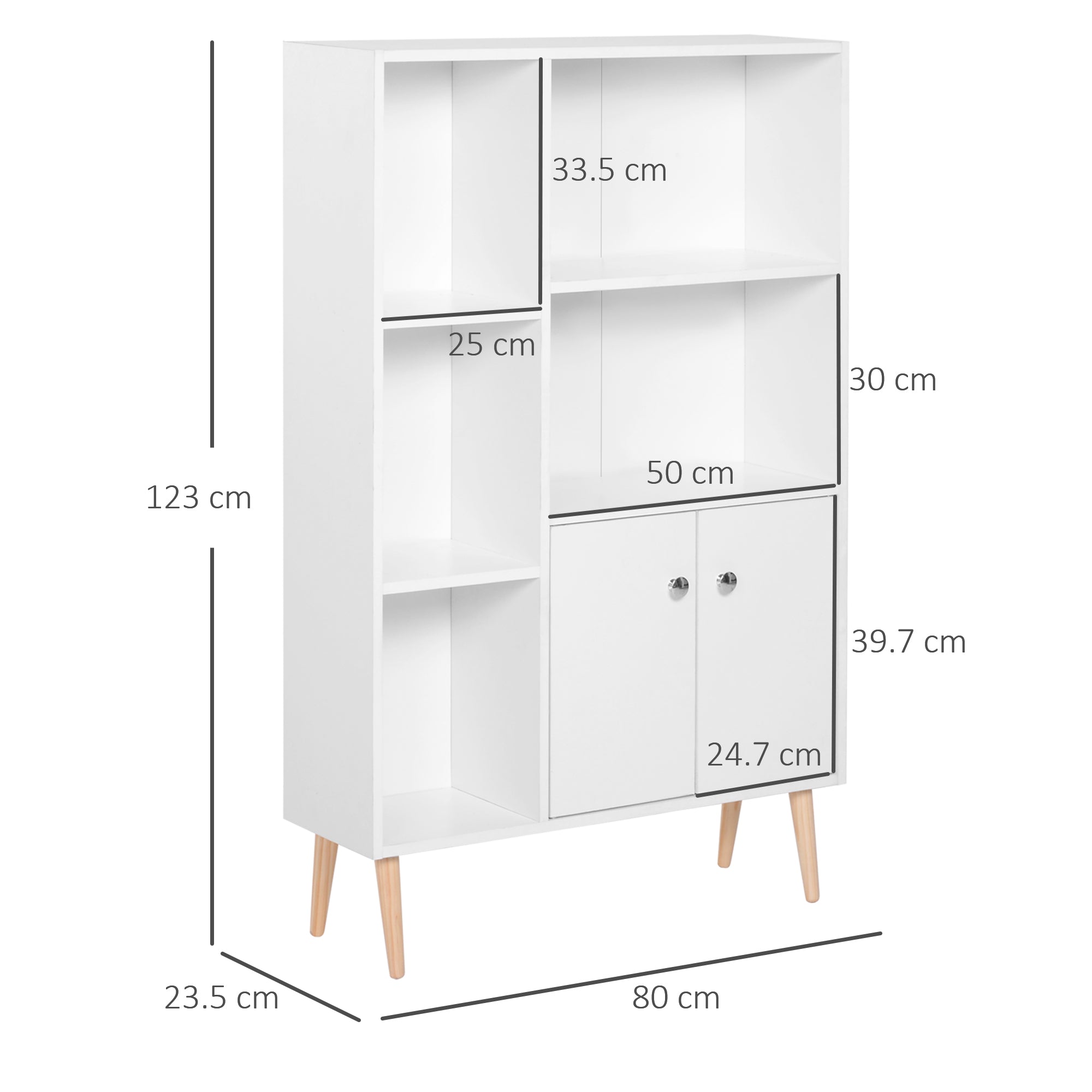 Kozy Sideboard Storage Cabinet Cupboard, Open Bookcase with 2 Doors 5 Compartments Wooden Modern Style for Living Room Bedroom Kitchen 80 x 23 x 123 cm, White