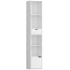 Kozy 6-Tier Bookcase, Tall Narrow Bookshelf with Drawer and Door - White