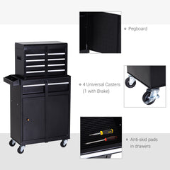 DURHAND Metal Tool Chest, 2 in 1 Cabinet with 5 Drawers, Pegboard & Wheels, Workshop Storage, Black