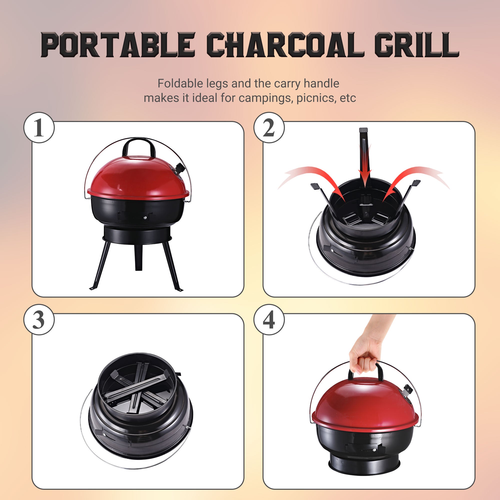 Outsunny Charcoal BBQ Charcoal Grill Metal Portable Tripod Grill Black Red