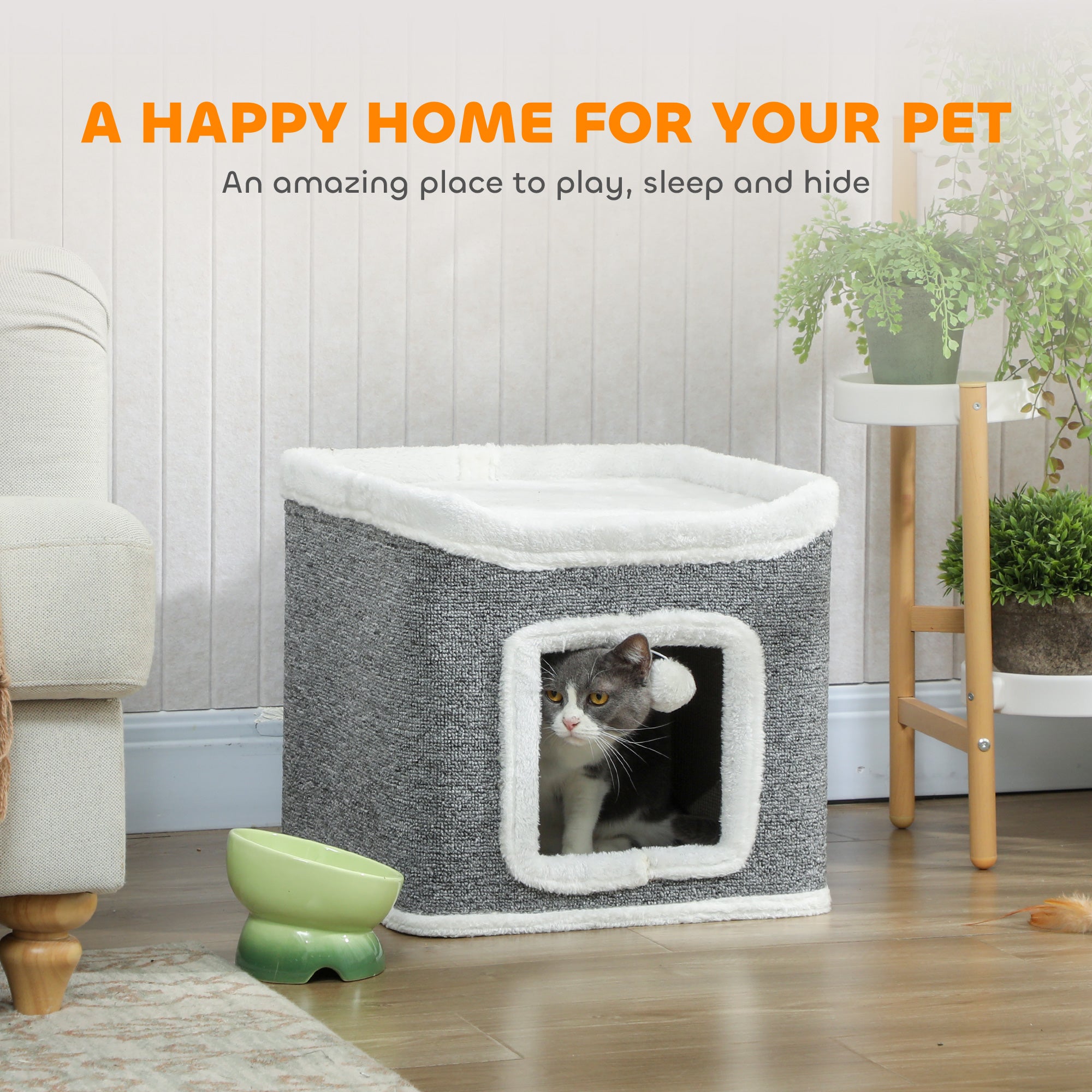 Kozy Cat House for Indoor Kittens, 2-Level Cat Cave Bed with Fluffy Balls, Top Bed, Kitten Barrel for Multi Kitties, Grey