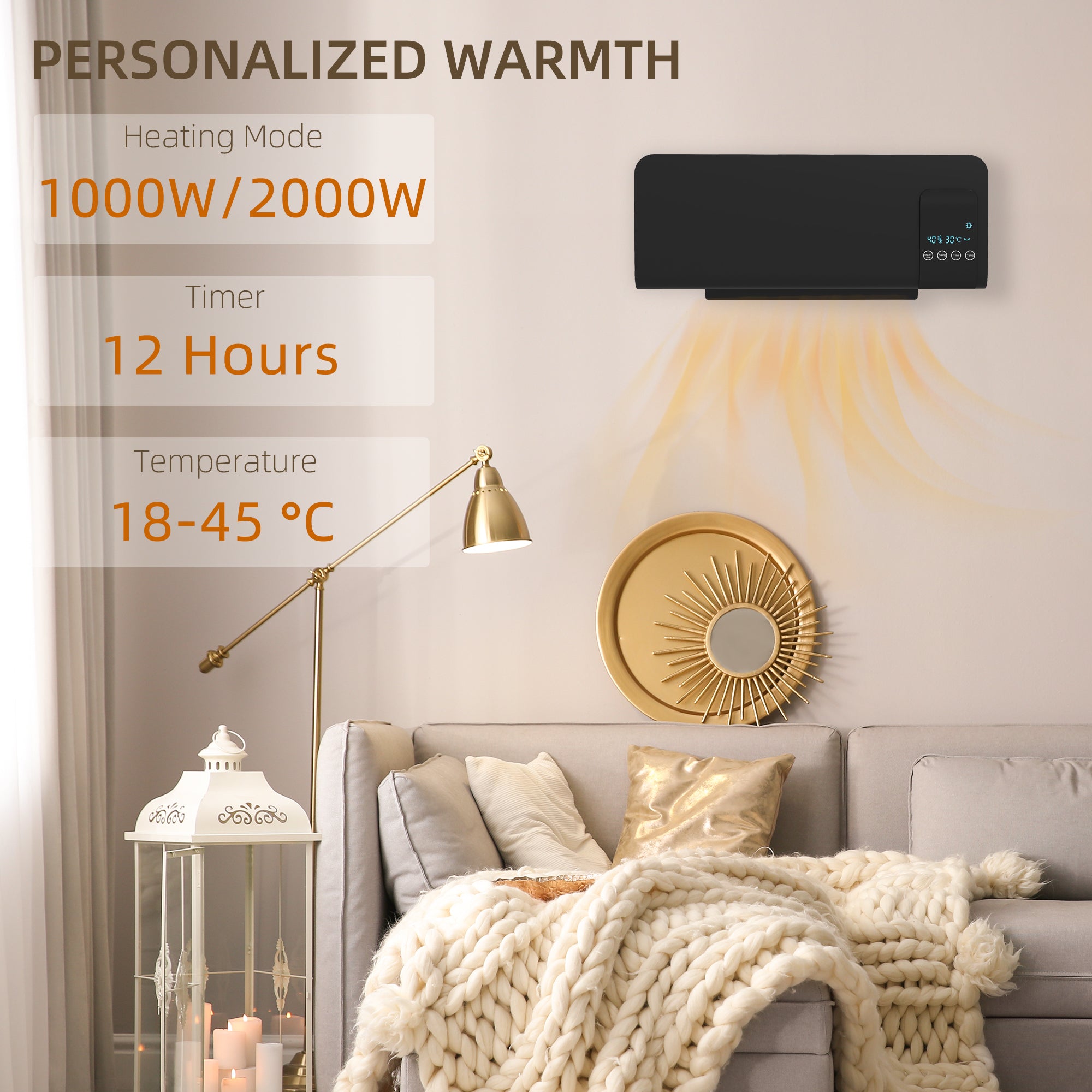 Kozy - 2000W Wall Mounted Heater, 18-45°C Temperature, Black