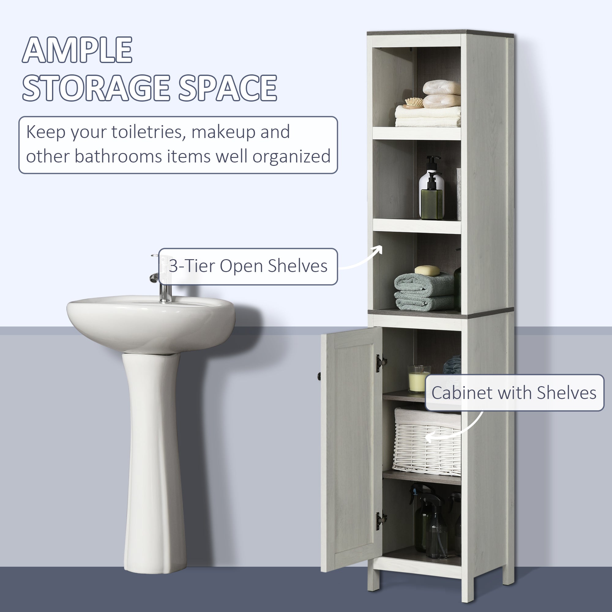 Kozy Tall Bathroom Storage Cabinet, Freestanding Tower Cabinet with 3 Open Shelves and Adjustable Shelf, Antique White