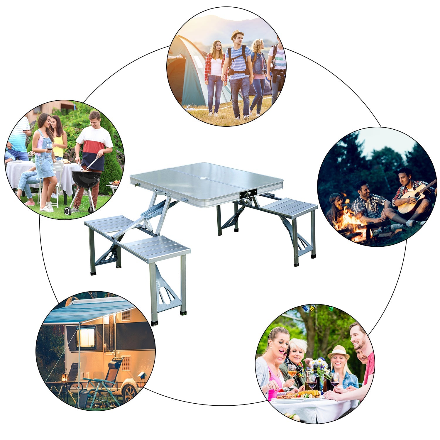 Outsunny Folding Camping Table and Chairs Set, Portable Picnic Table with Stools, Aluminium Outdoor Garden BBQ Party Field Kitchen
