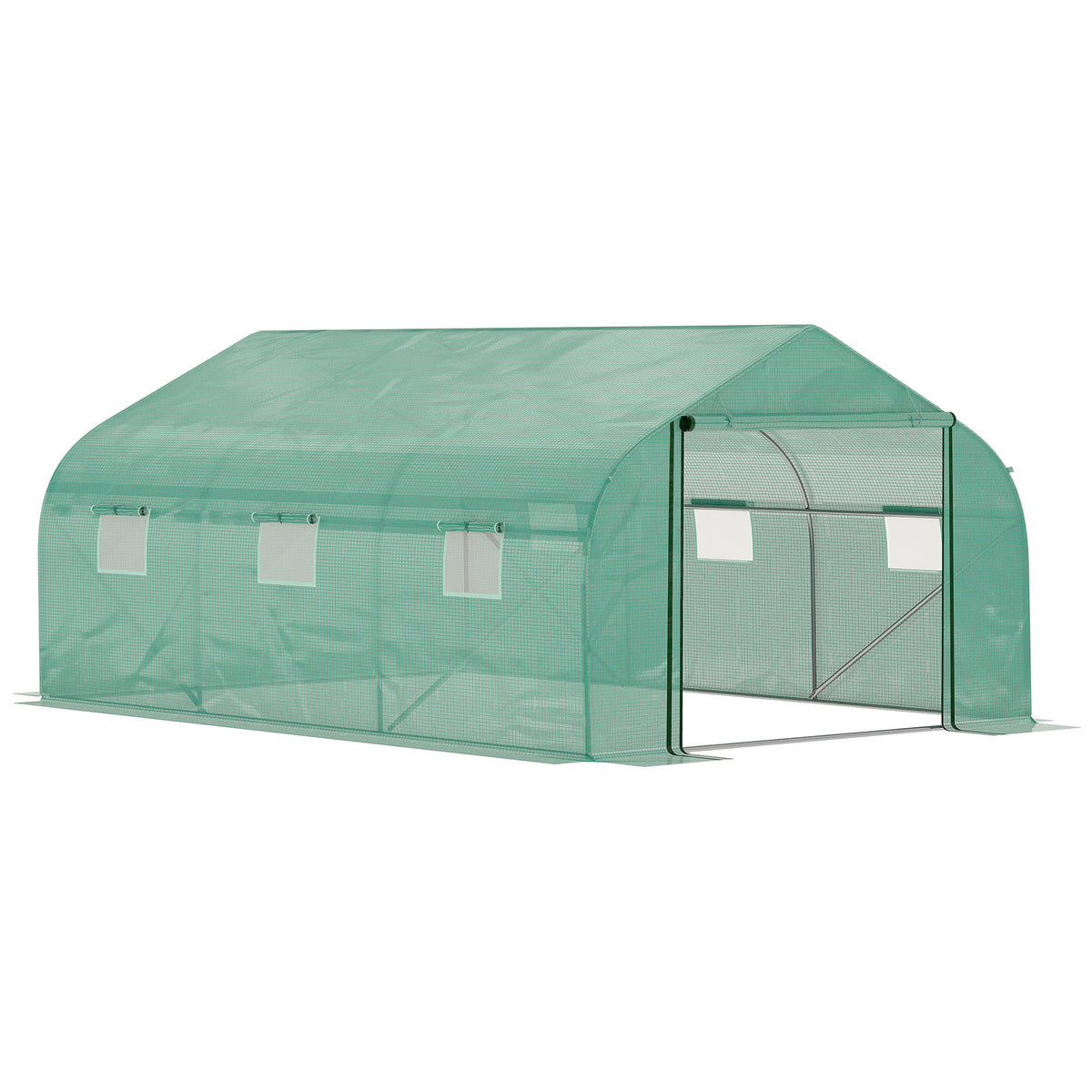 Kozy Walk-in Polytunnel Garden Greenhouse, Outdoor Mesh Door Greenhouse with PE Cover and 6 Windows, 4.5 x 3 x 2m, Green