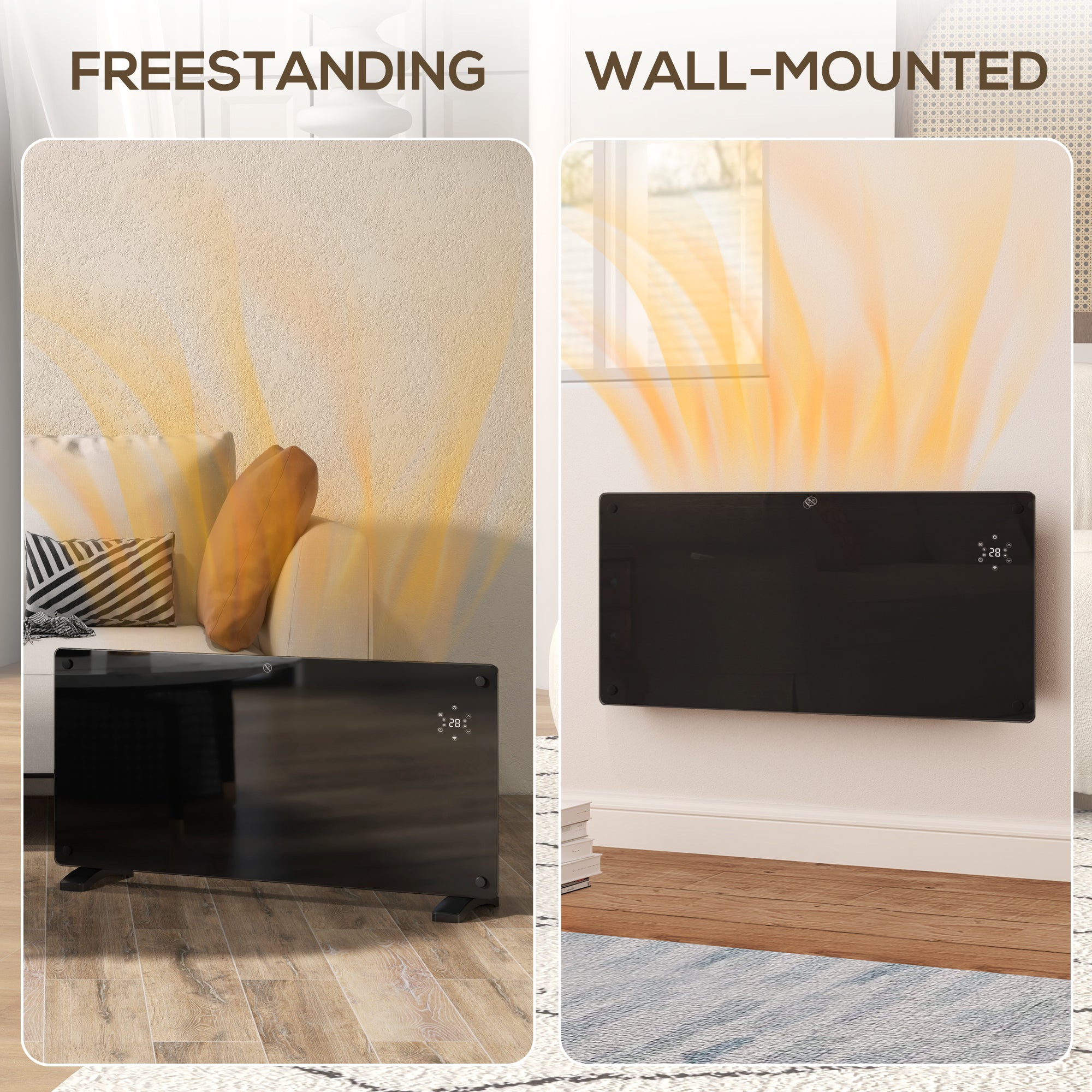 Kozy - Electric Heater Wifi Smart App, 2000W Glass Panel Heater Radiator, Freestanding or Wall Mounted Convector Space Heater with LED Display, 24Hr 7 Day Timer, Adjustable Thermostat, Remote Control