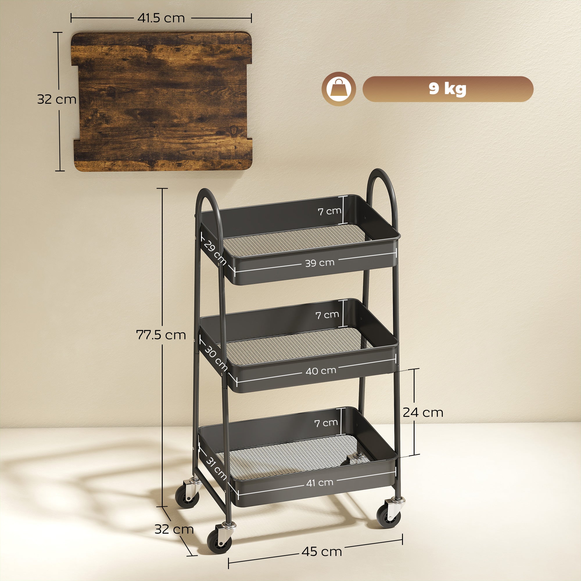 Kozy - 3-Tier Kitchen Storage Trolley with on Wheels Cover Top Board - Rustic Brown and Black