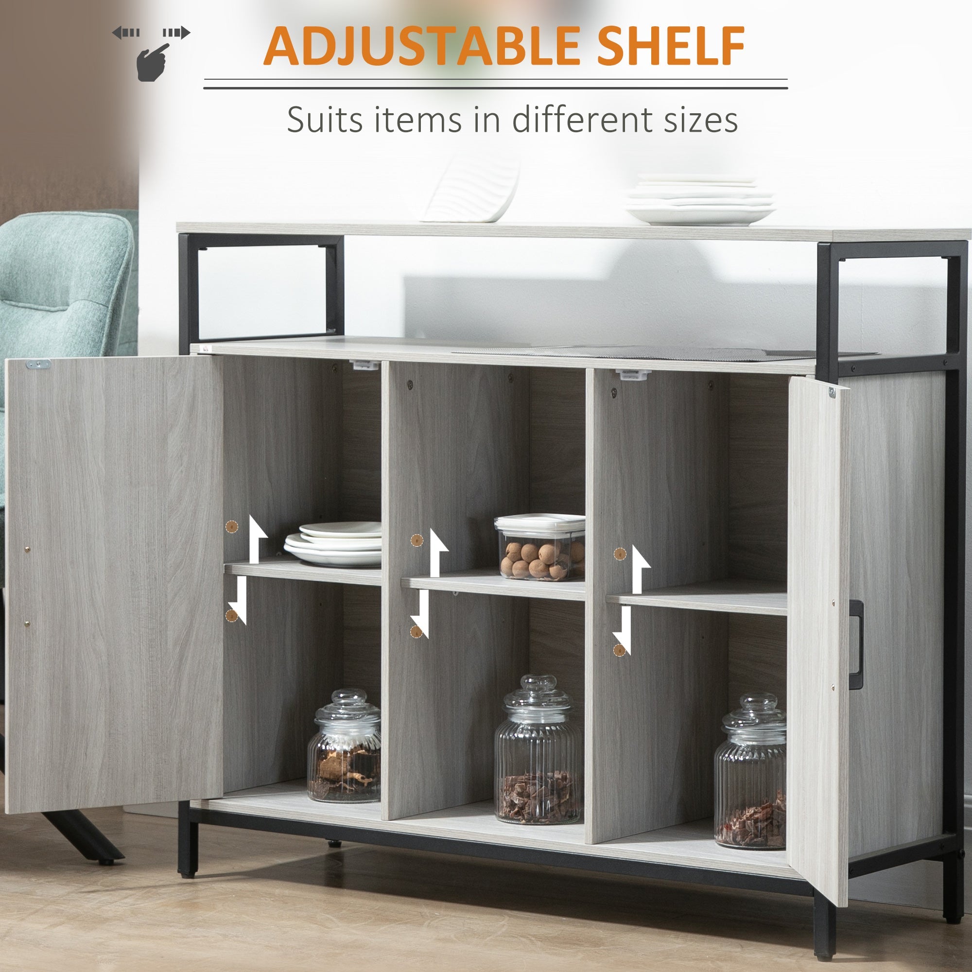 HOMCOM Contemporary Sideboard: Steel-Framed Storage Cabinet with Adjustable Shelves, 2 Doors, Light Grey, for Living Room & Hallway | Aosom UK