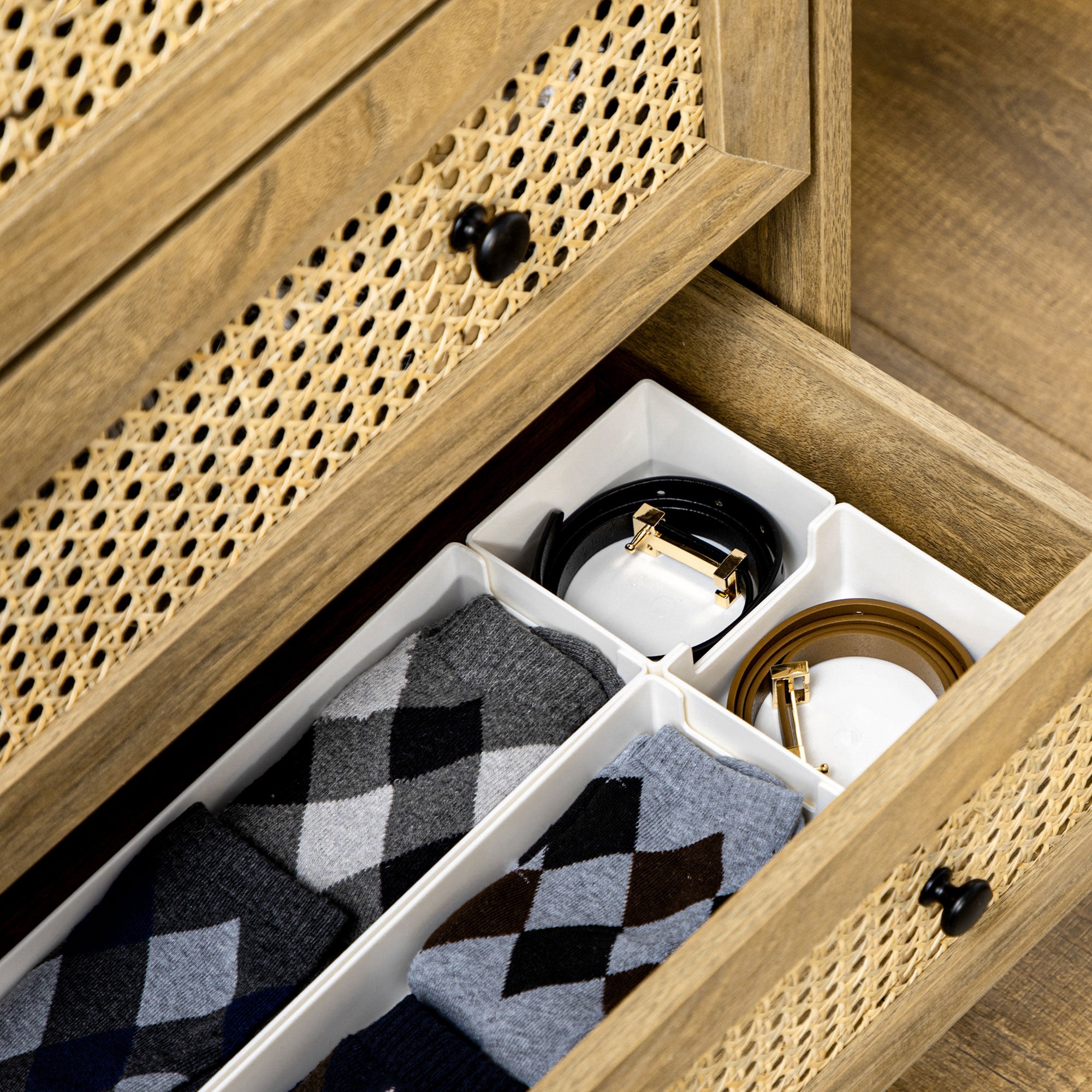 Kozy Storage Cabinet, 4-Drawer Unit with Rattan Element for Bedroom, Living Room, 80cmx35cmx95cm, Wood Effect