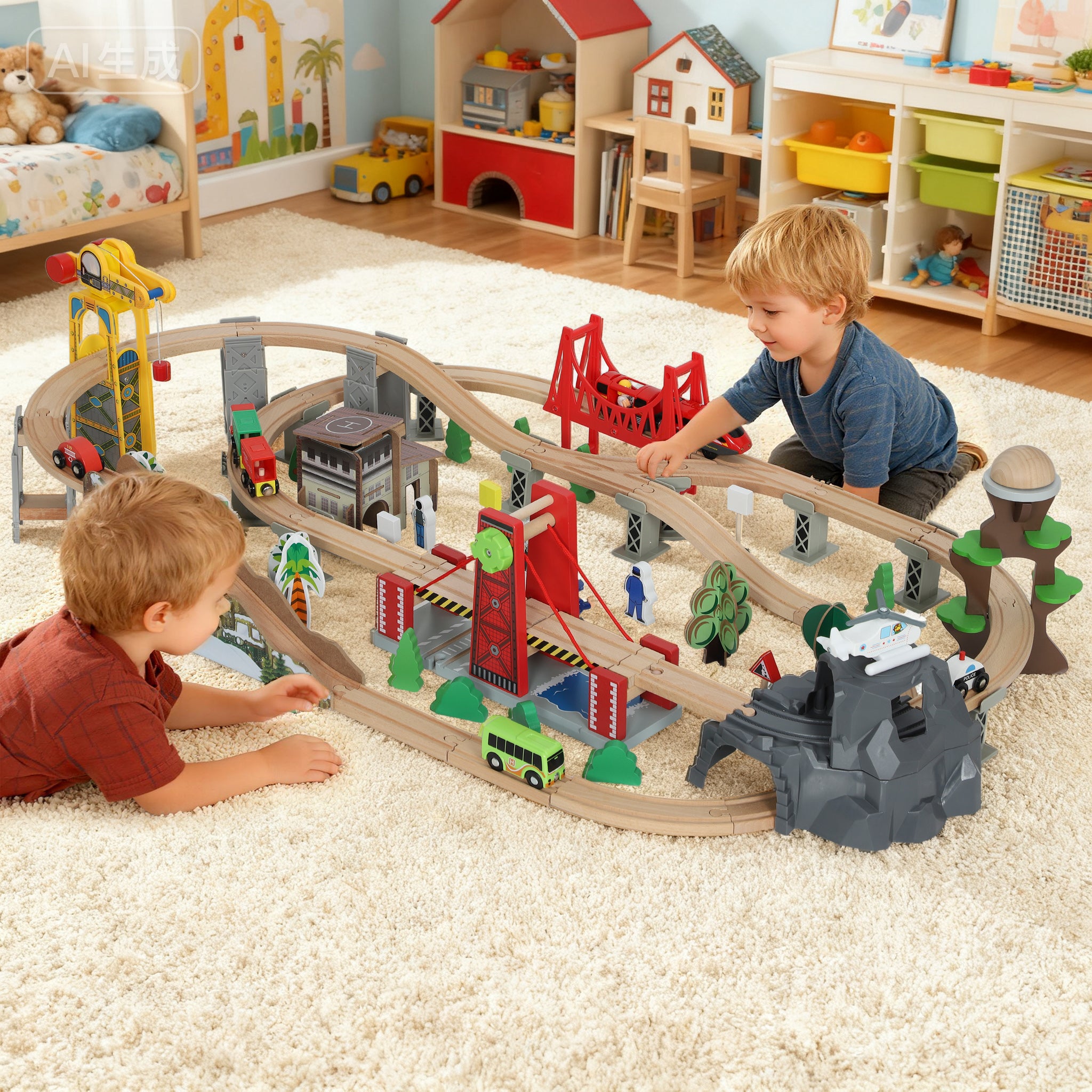 Kozy 100 Piece Wooden Train Set for Kids 3+ Years with Track, Crane, Battery Operated Train