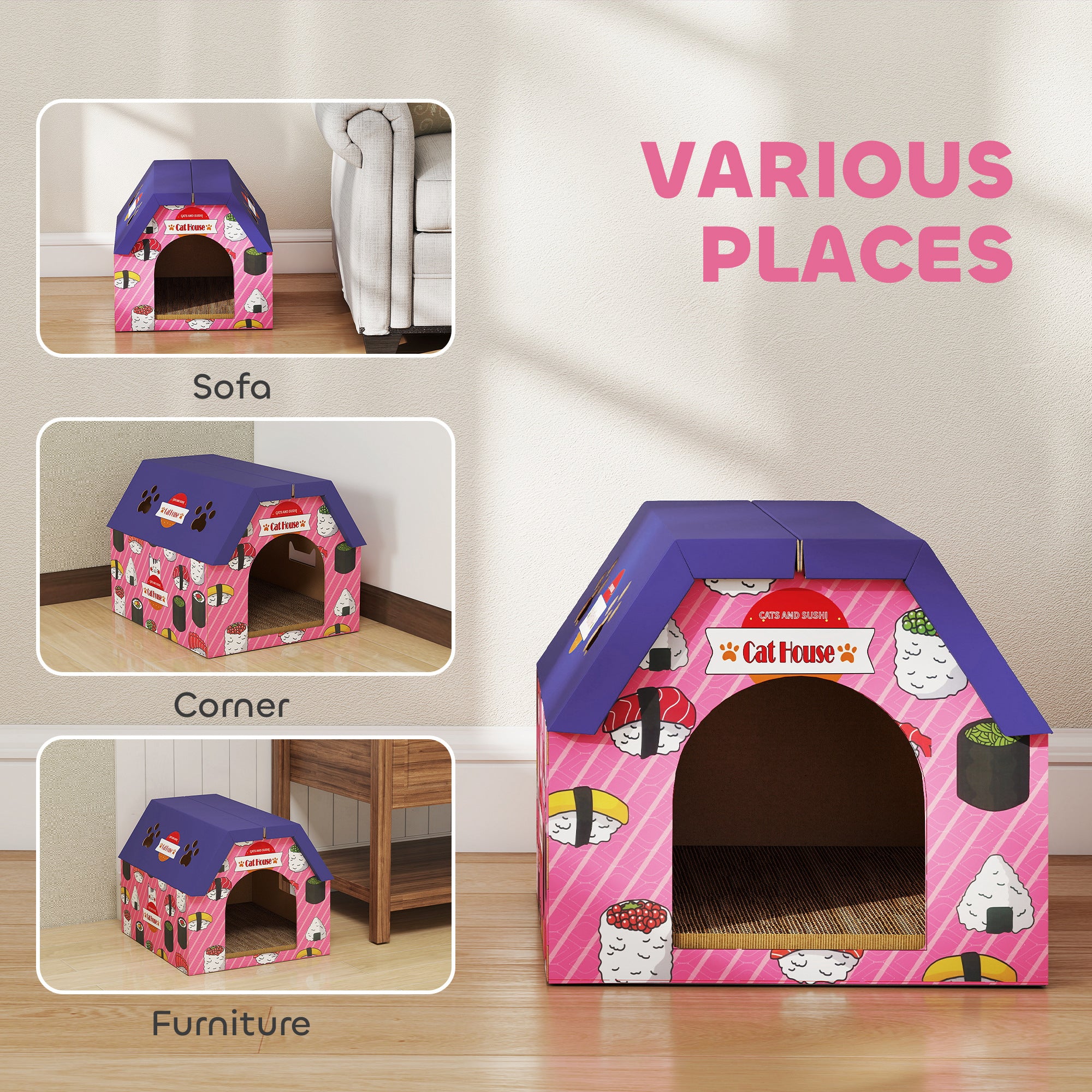 Kozy - Cat Scratching Board, 2-in-1 Cardboard Cat House and Hideaway for Indoor Cats, Pink
