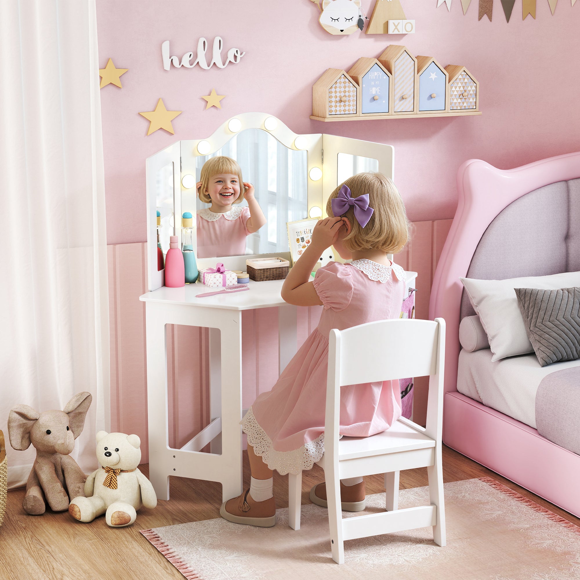 Kozy Kids Dressing Table and Stool Set, Girls Vanity Table with 2-Colour LED Lights, Tri-Folding Mirror, White