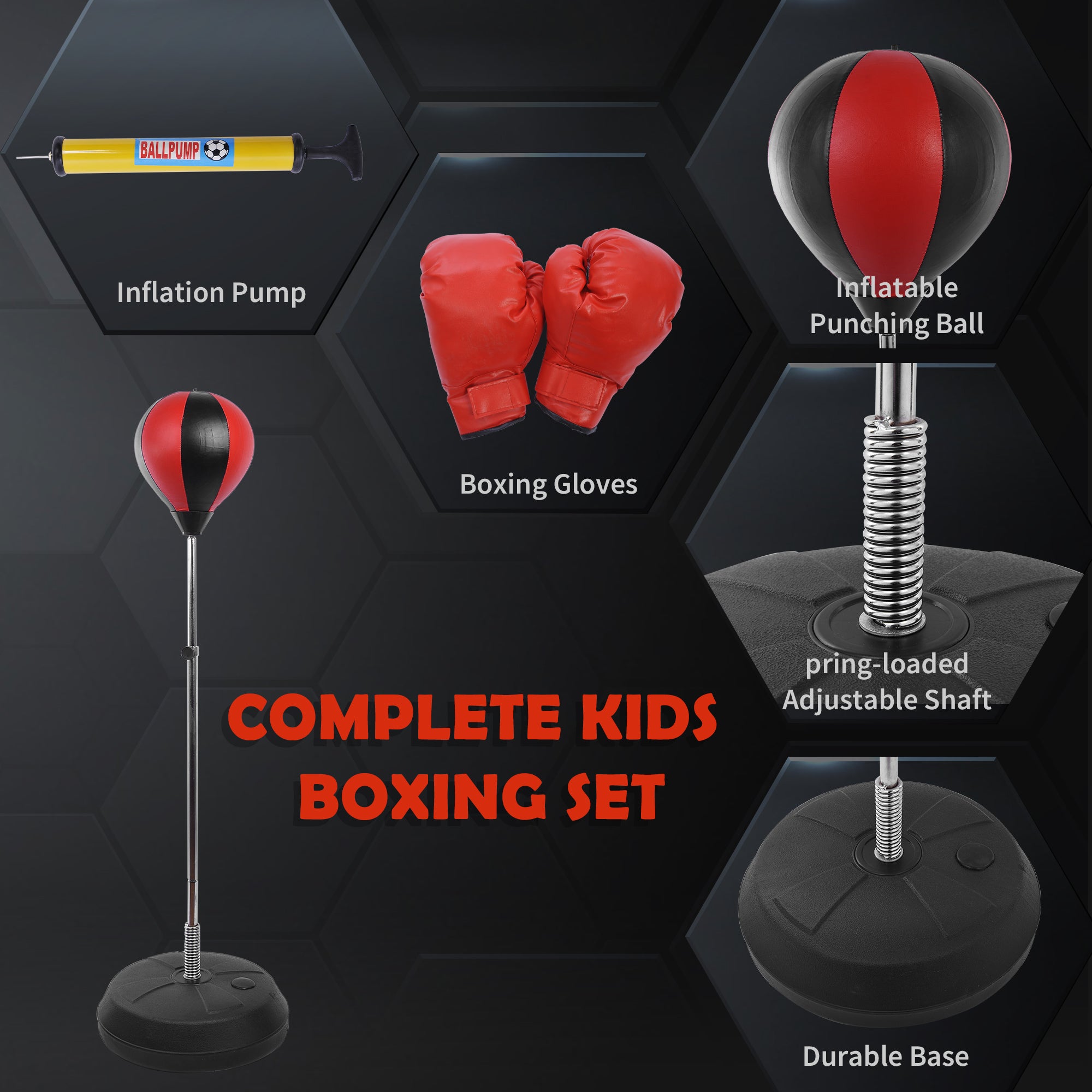 HOMCOM Kids Boxing Punch Bag Set, Freestanding with Gloves, Durable PU Material, Black/Red