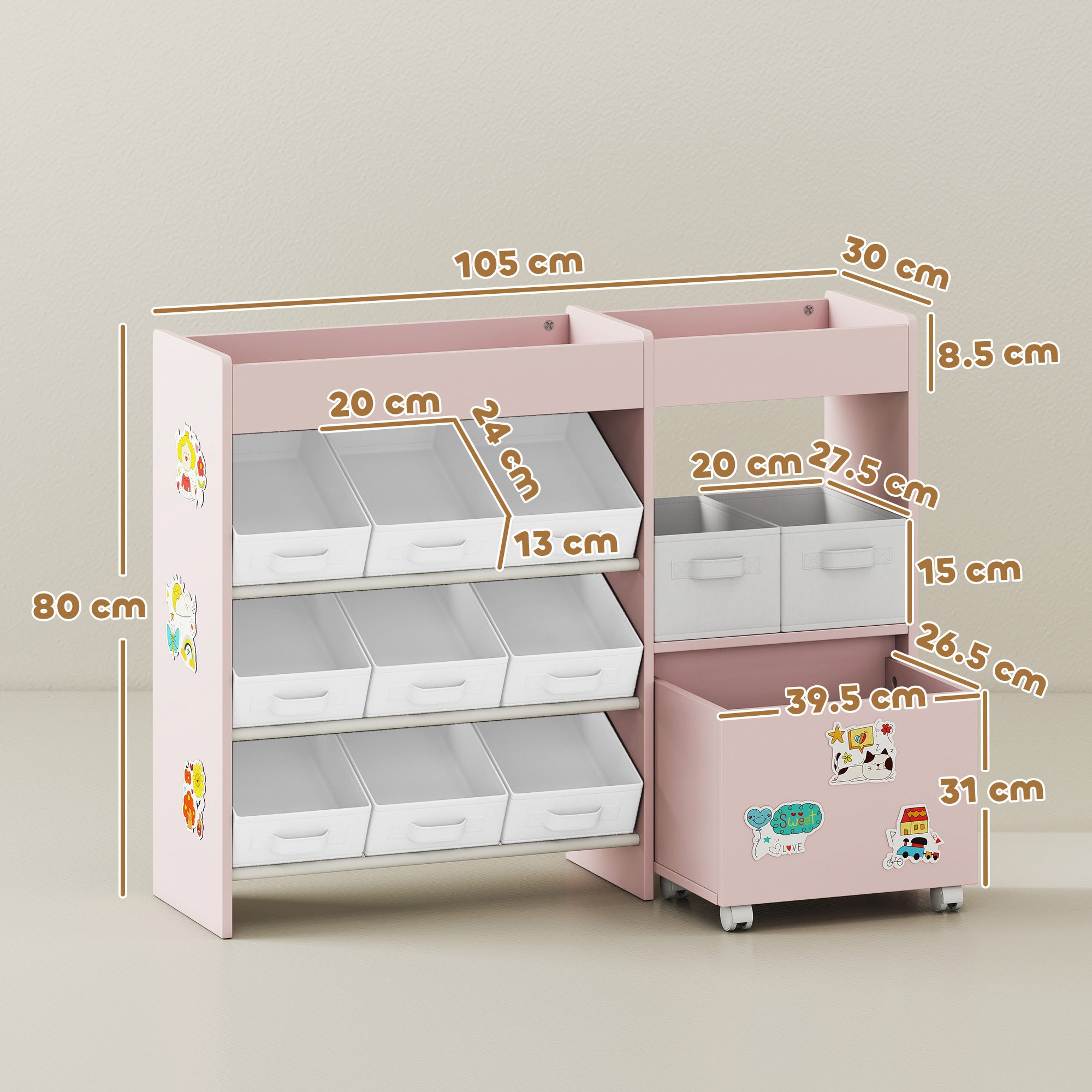 Kozy Kids Toy Storage Unit with 11 Bins, Cabinet, Top Shelves, 3 Stickers, for Nursery, Playroom, Pink