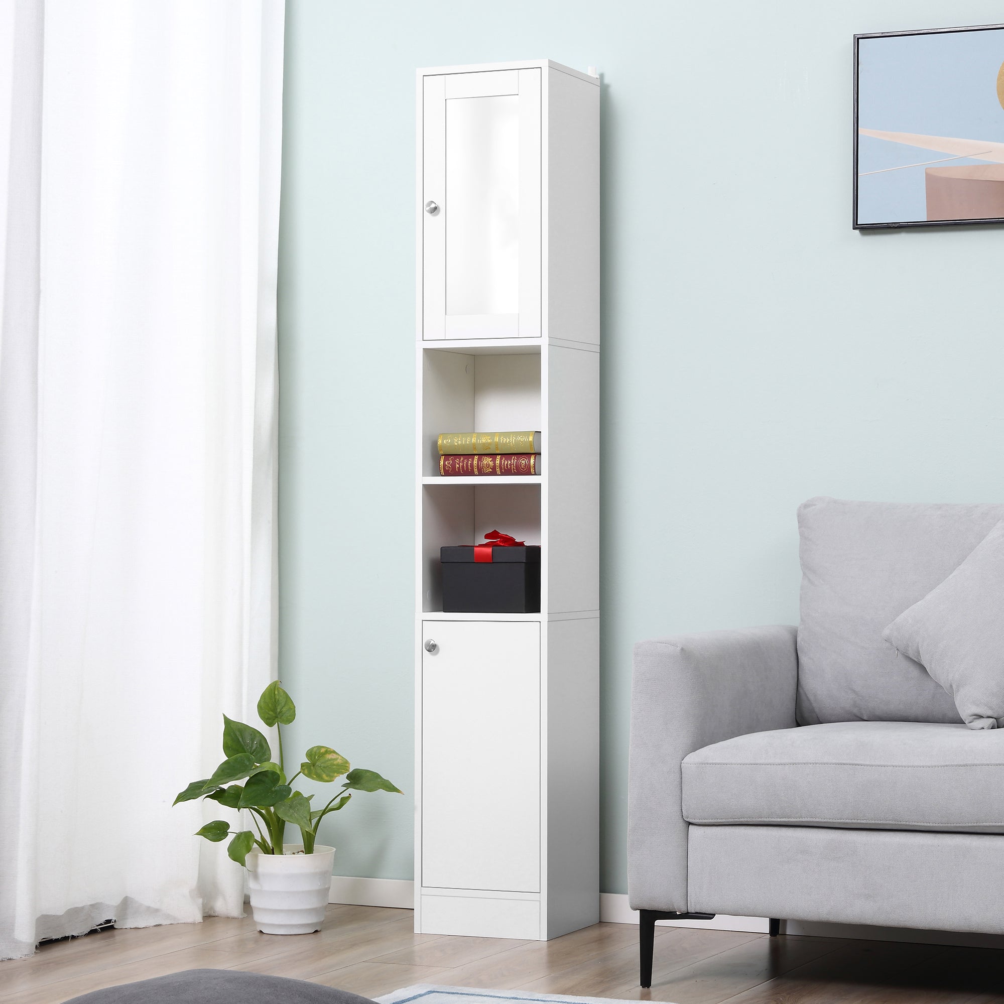 Kozy Tall Bathroom Storage Cabinet with Mirror, Freestanding Floor Cabinet Tallboy Unit with Adjustable Shelves, White