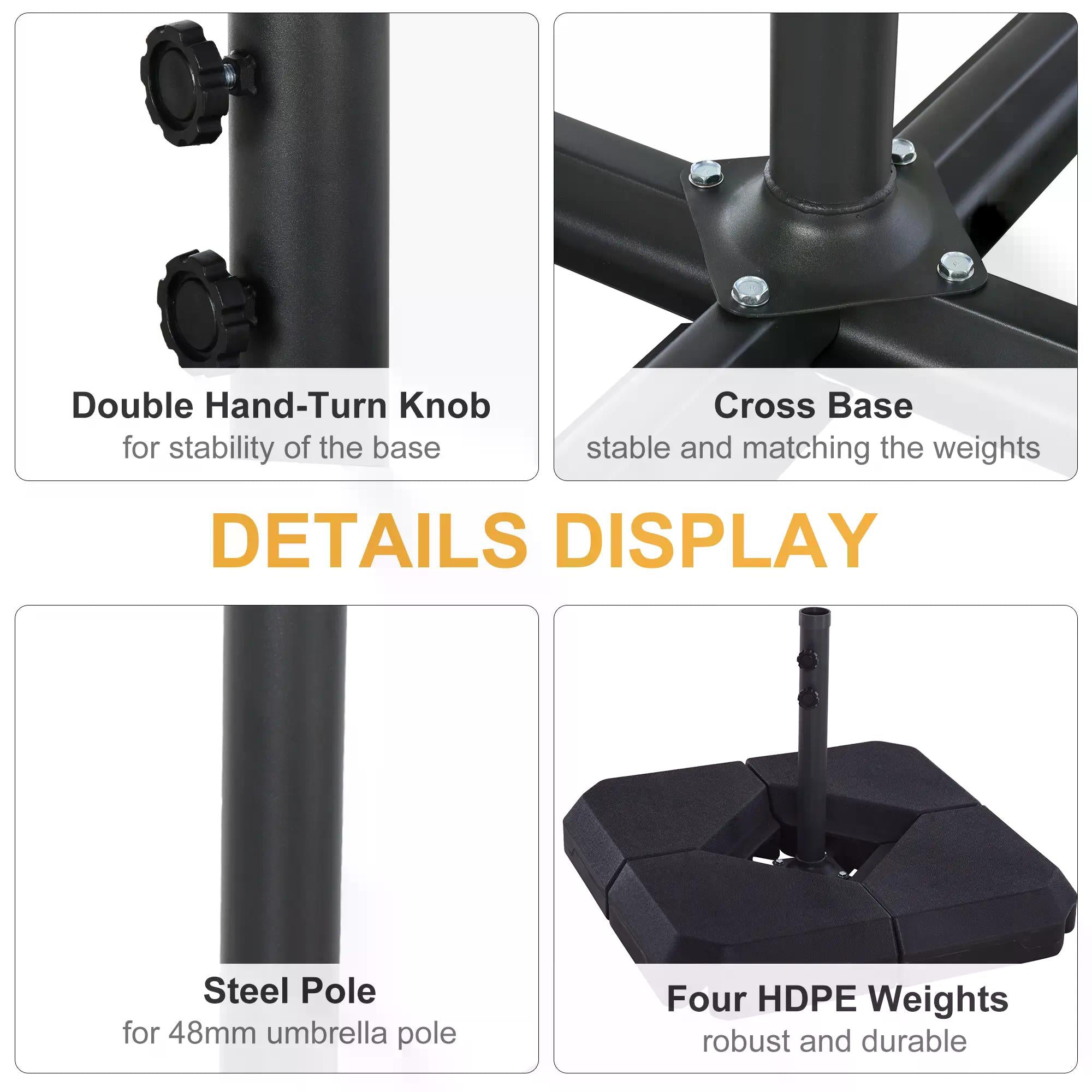 Outsunny Fillable Parasol Base, 4PCs with Steel Cross Base, Garden Umbrella Stand Weight, Sand Water Plastic, Black