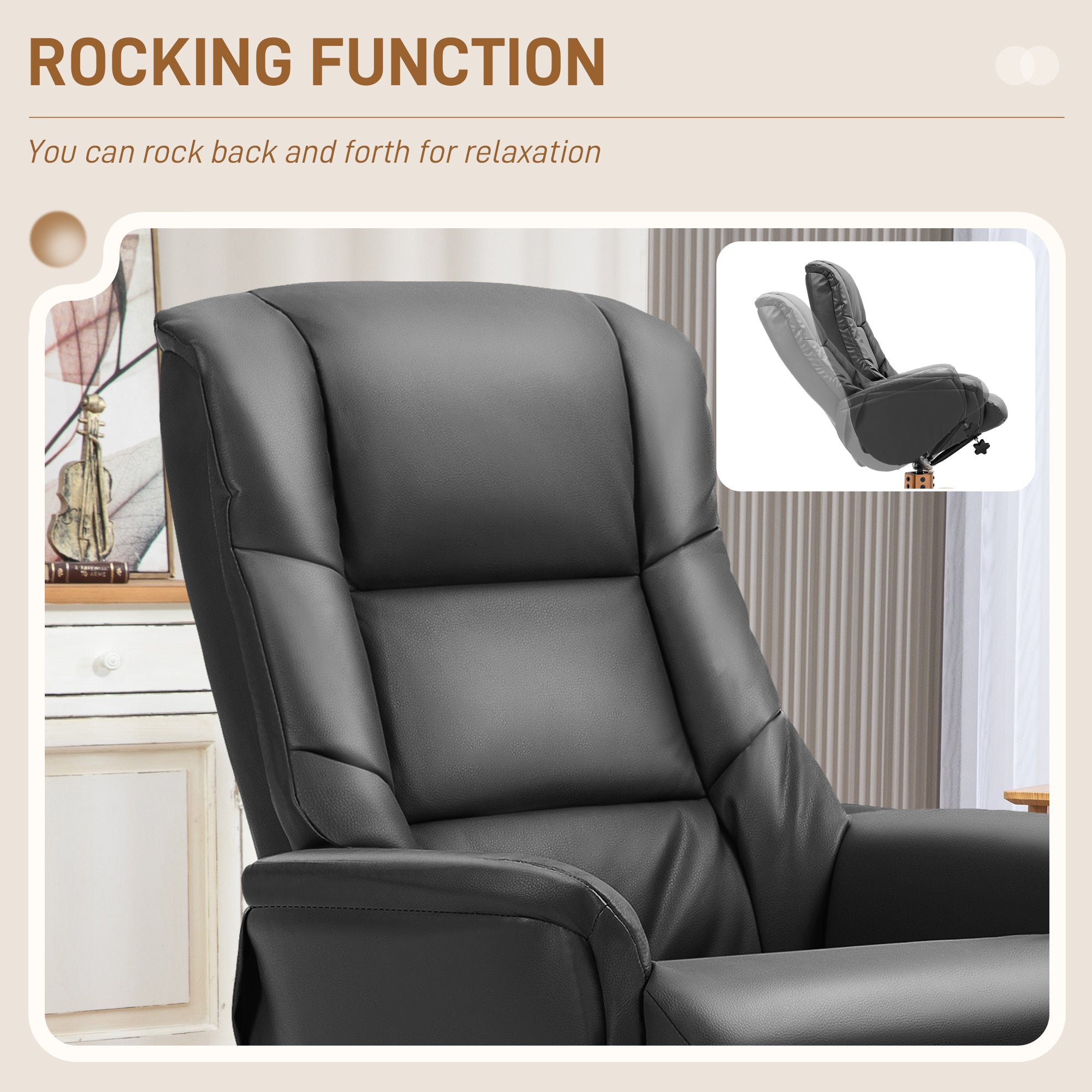 Kozy - Rocking Recliner Chair with Footstool, PU Leather Recliner Armchair with Wood Base, Upholstered Reclining Chair for Living Room Bedroom, Black