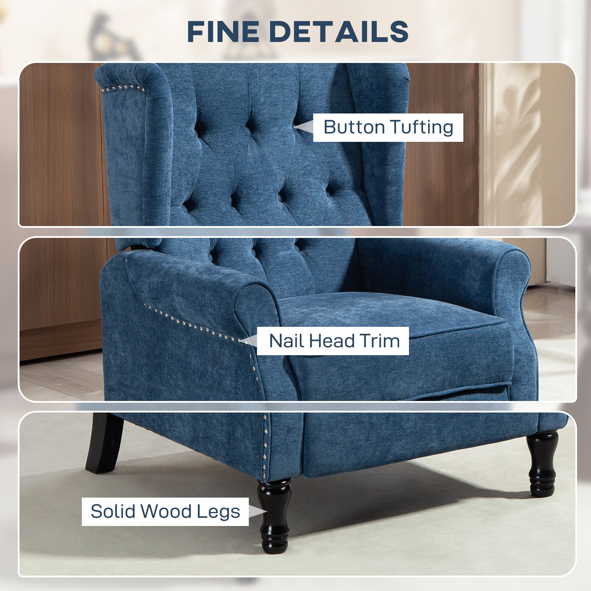 Kozy - 150° Reclining Vintage Armchair, with footrest, Royal Blue