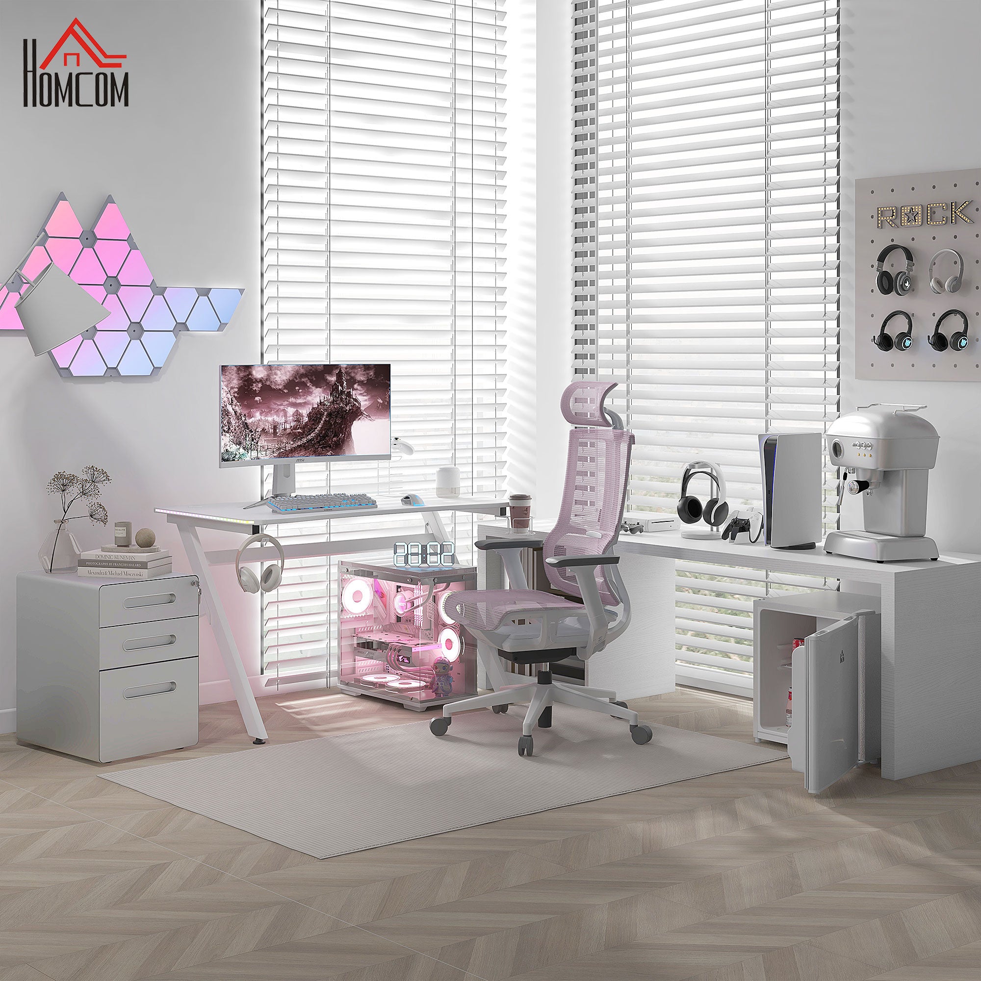 Kozy RGB 120 x 66cm Gaming Desk, Computer Table with Carbon Fibre Surface, Headphone Hook, Cup Holder, Controller Rack, Home Office Desk, White