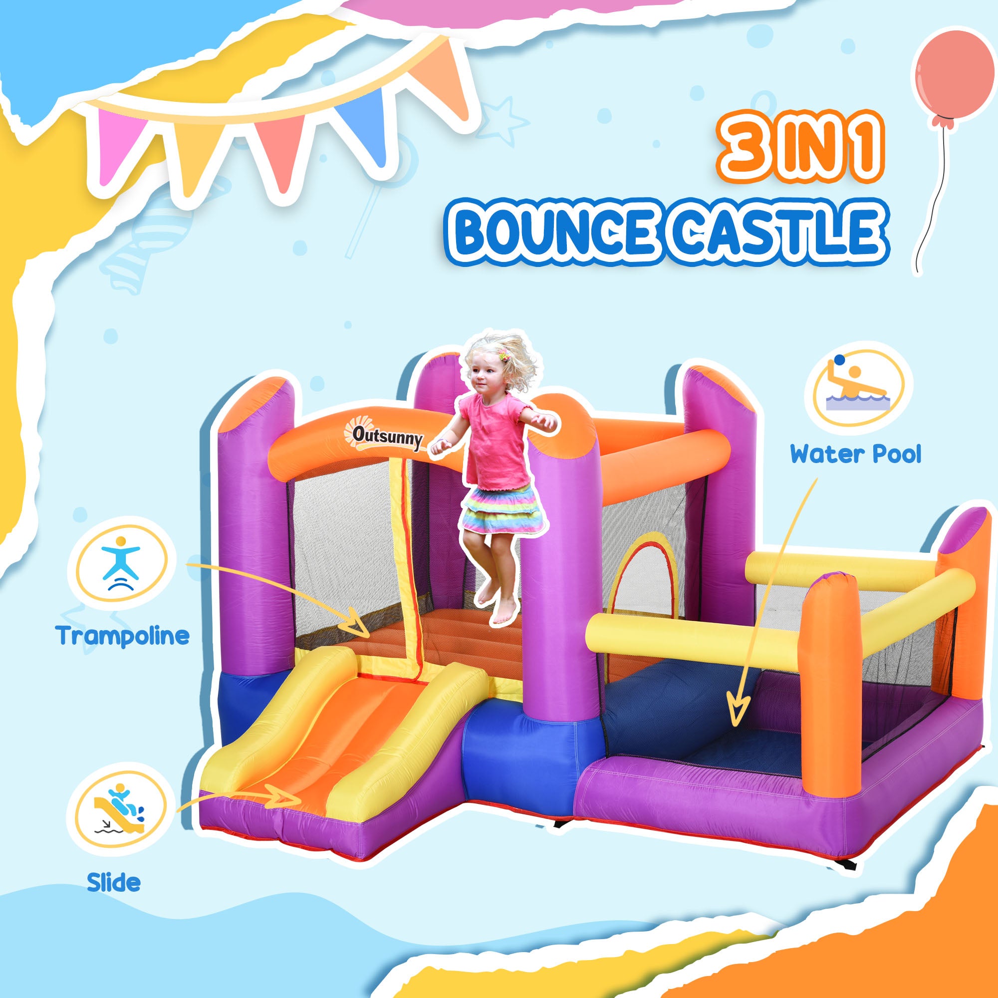 Kozy Kids Bouncy Castle House Inflatable Trampoline Slide Water Pool 3 in 1 with Blower for Kids Age 3-8 Multi-color 2.8 x 2.5 x 1.7m