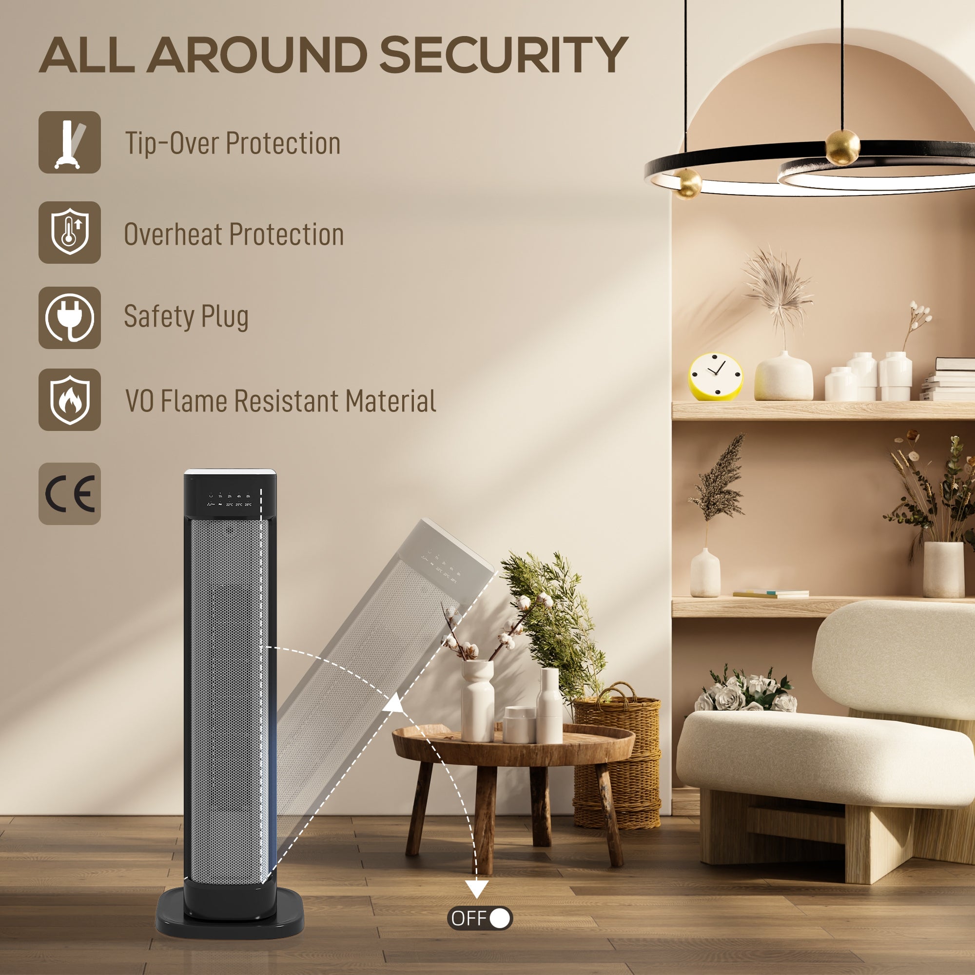 Kozy 2000W Ceramic Electric Heater with 3 Heat Settings, Timer - Black