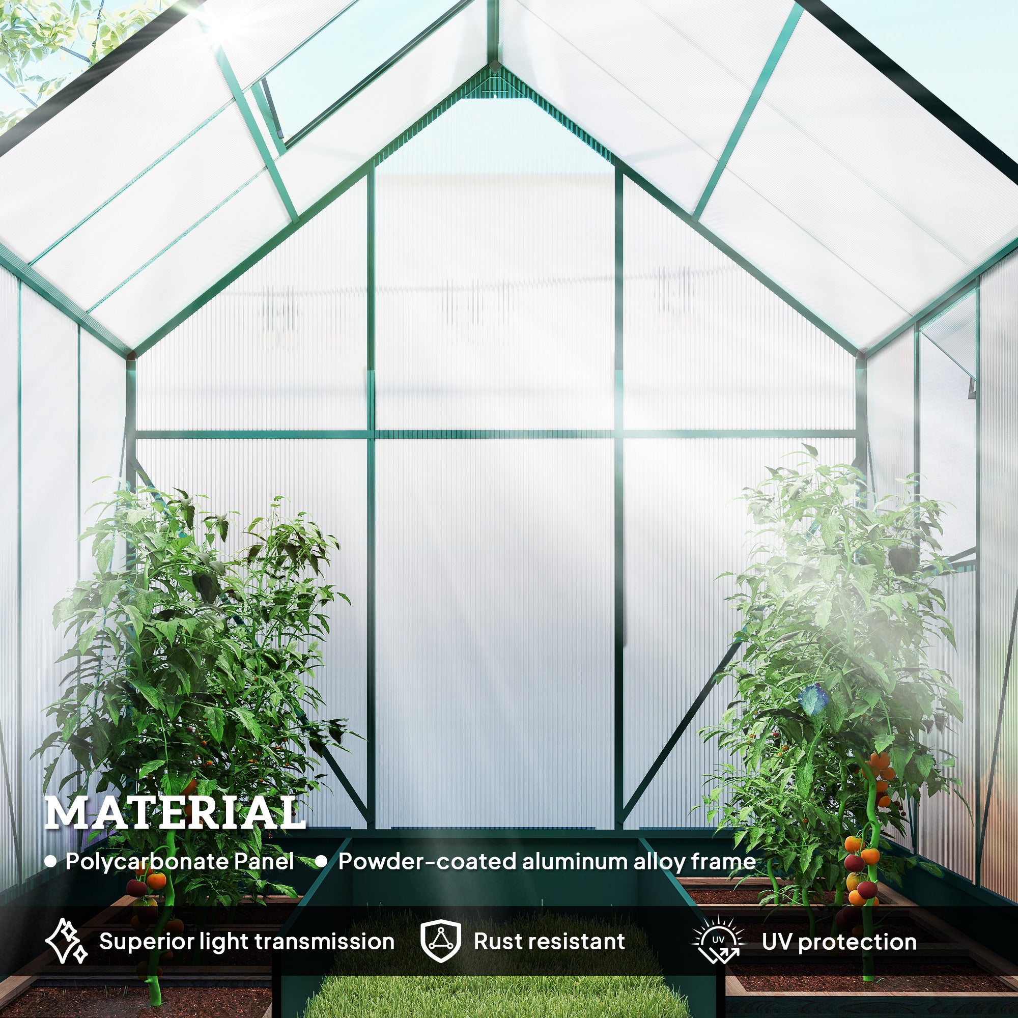 Kozy 6x6 FT Polycarbonate Greenhouse with Base and Raised Bed, Walk-in Greenhouse with Aluminium Frame, Temperature Controlled Window, Foundation for Plants, Flowers, Vegetable