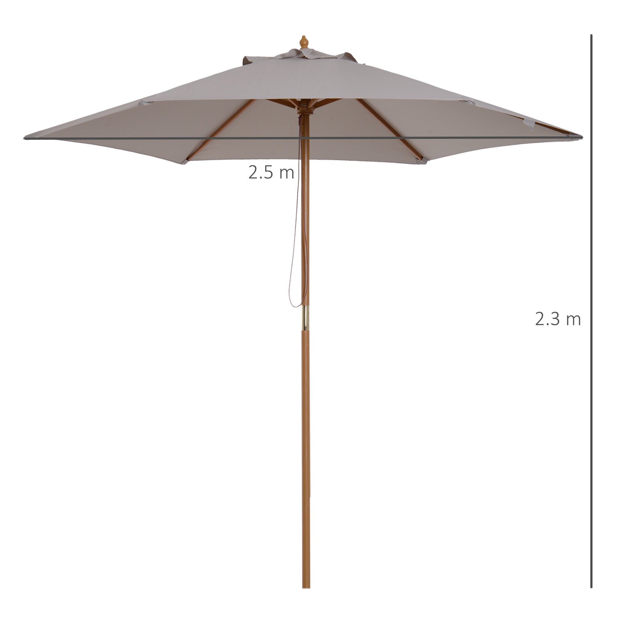 Kozy 2.5m Wood Garden Parasol Sun Shade Patio Outdoor Wooden Umbrella Canopy, Table Market Umbrella with Vent, 38mm Pole, Rope Pulley Mechanism, Grey