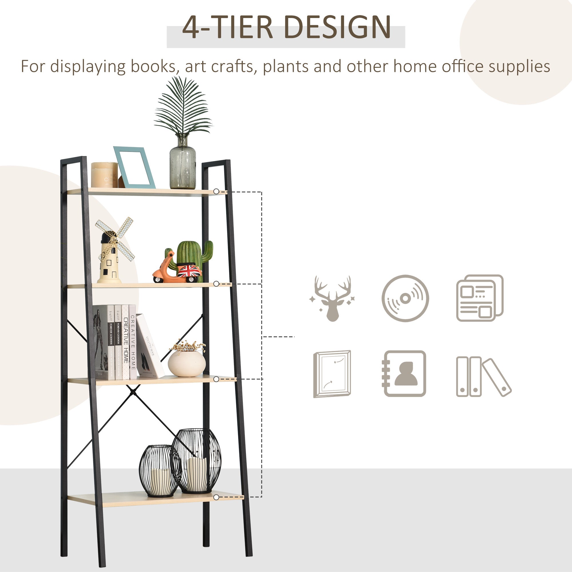 HOMCOM 4-Tier Vintage Ladder Shelf Bookcase Wood Storage Rack Stand Plants Display Black natural | Aosom UK