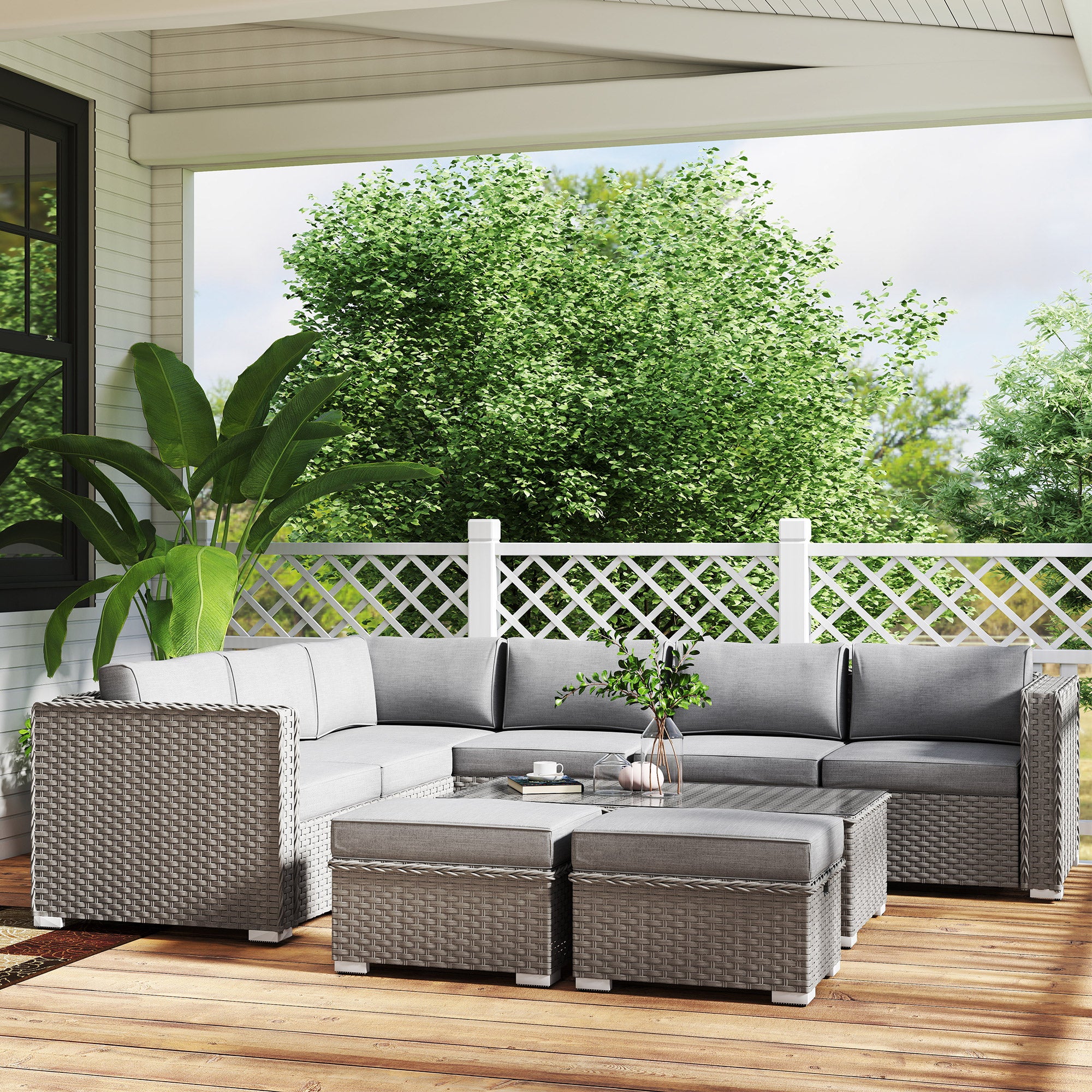 Kozy 6 Pieces Outdoor PE Rattan Wicker Corner Sofa Set with 10cm Thick Padded Cushions, Aluminium Conservatory Furniture with Glass Top Coffee Table, Footstools, Grey