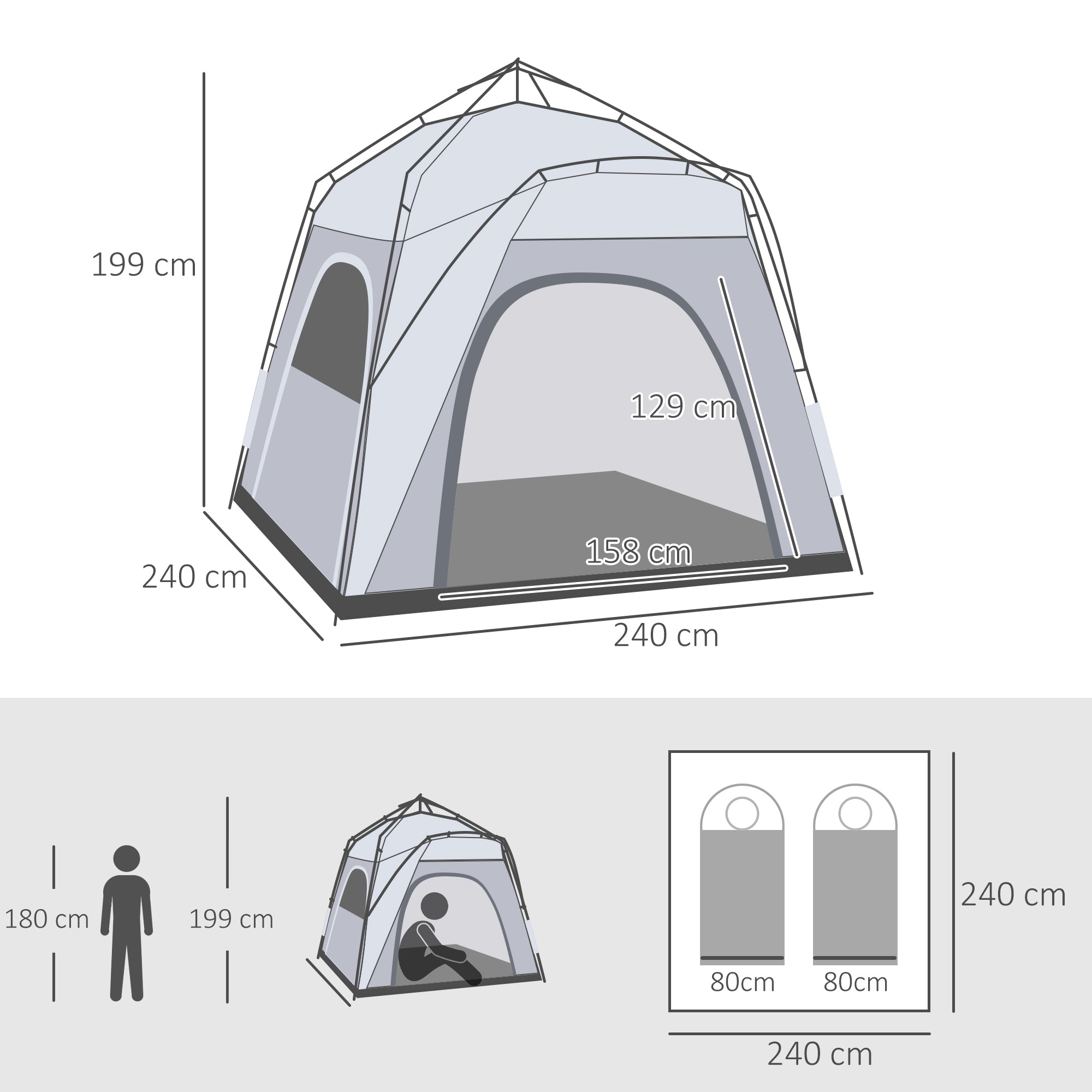 Kozy 4 Person Automatic Camping Tent, Outdoor Pop Up Tent, Portable Backpacking Dome Shelter, Light Grey