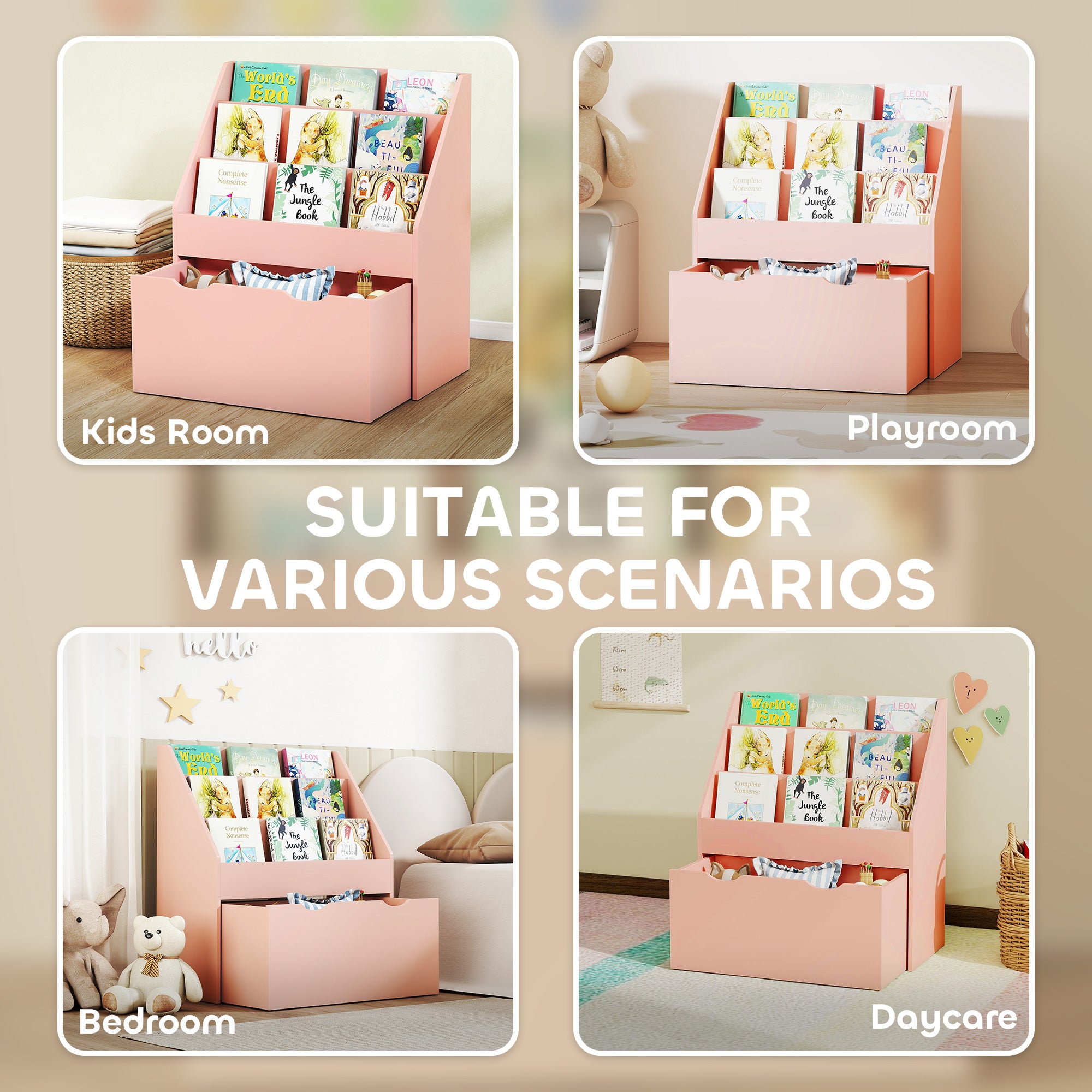 Kozy Bookcase for Kids with Shelves, Drawer, Bookcase for Bedroom, Playroom, Pink