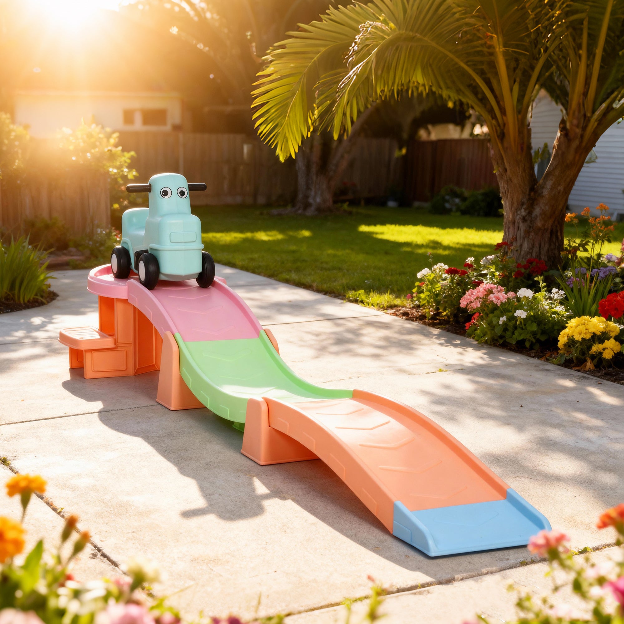 Kozy 3(m) Four-Piece Ride on Kids Roller Coaster w/ Non-Slip Steps, for Ages 2-5 Years - Orange