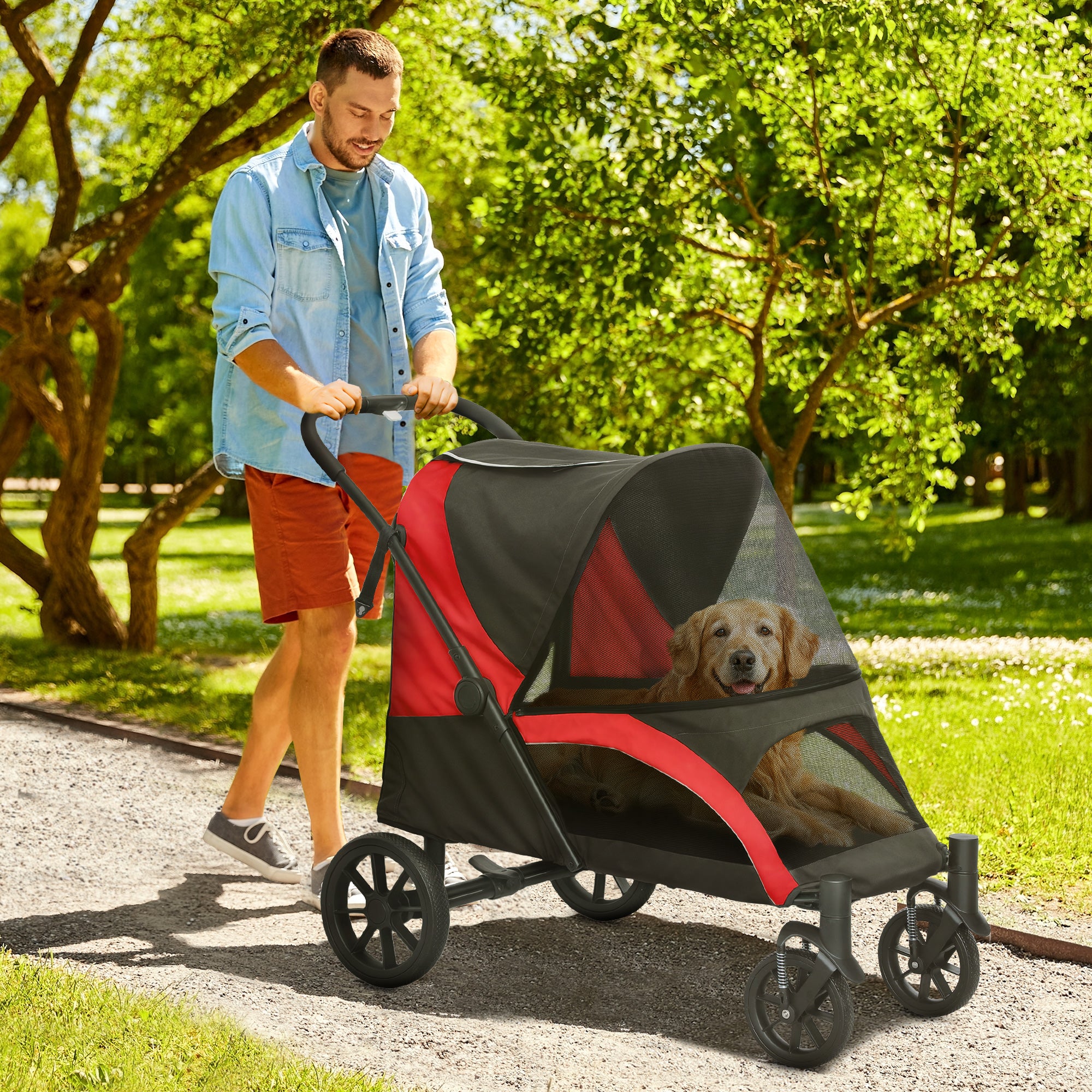 Kozy - Foldable Pet Stroller for Large Dogs with Four Big Wheels, Shock-Absorbing Frame, Safety Leashes, Brakes, Red/Black