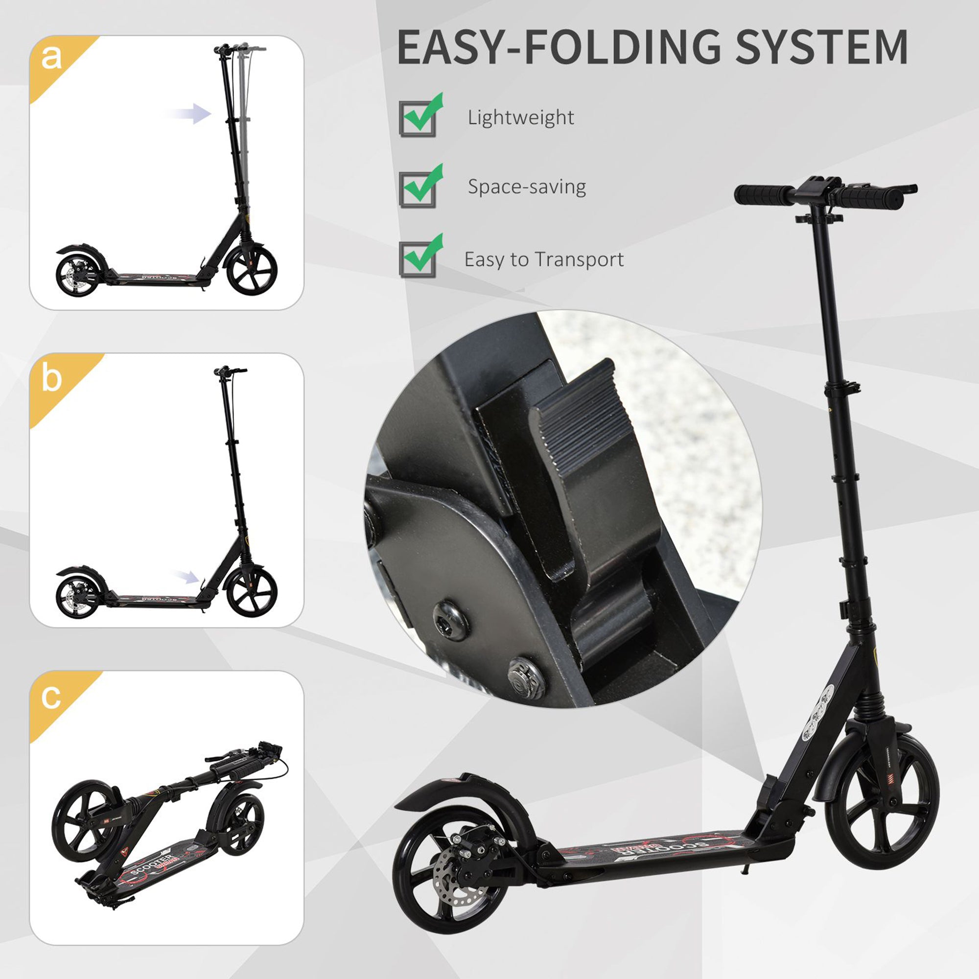 Kozy Kick Scooter, Folding 2 Wheel Scooter for 14+ Teens Adults, with Dual Brake System, Dual Suspension, 230mm Big Wheels, 3 Adjustable Handlebar, up to 100KG, Black