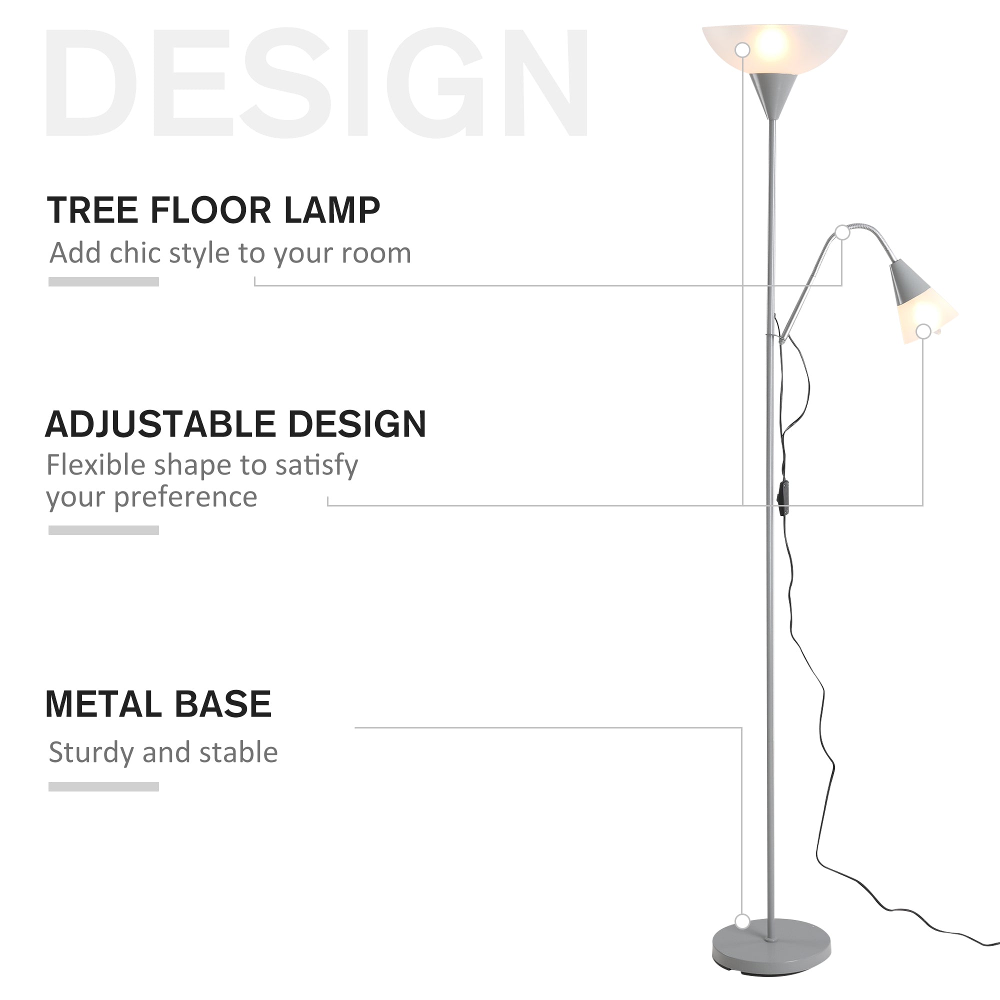 HOMCOM Modern Floor Reading Lamp 2 Adjustable Heads Light Steel Base Living Room Bedroom Office, 179.5cm