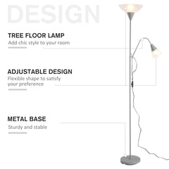 HOMCOM Modern Floor Reading Lamp 2 Adjustable Heads Light Steel Base Living Room Bedroom Office, 179.5cm