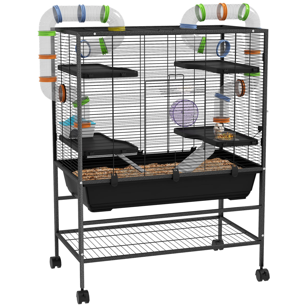 PawHut Large Hamster Cage Gerbil Cage with Tubes, Storage Shelf, Ramps, Platforms, Running Wheel - Black