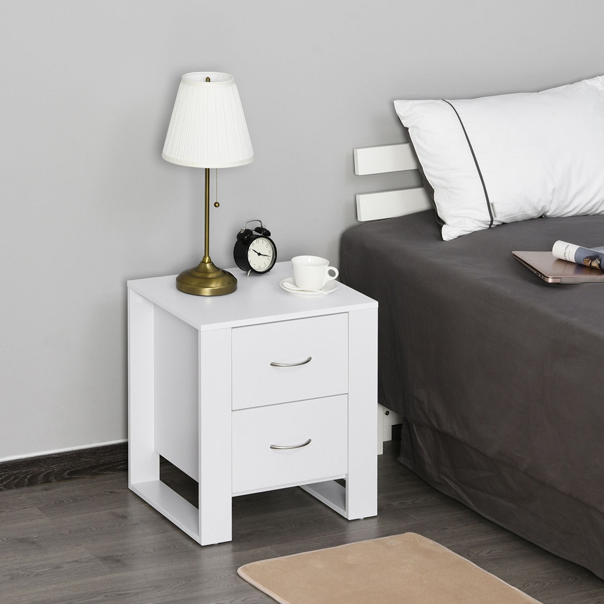 Kozy - Bedside Table Set of 2 with 2 Drawers, Nightstands with Handles and Elevated Base, Side Tables for Bedroom, Living Room, White