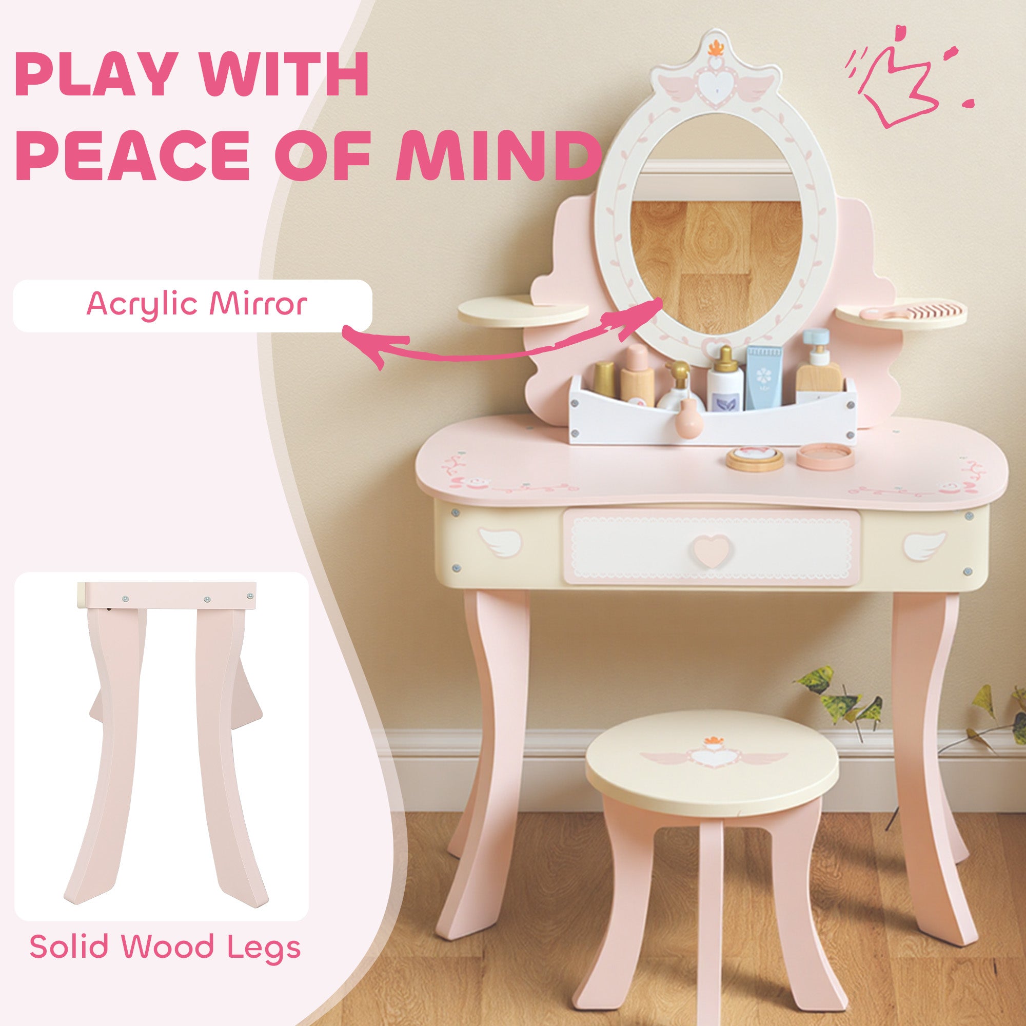 Kozy Kids Dressing Table, Girls Vanity Set with Mirror and Stool, 7 Play Accessories, Drawer, Desktop Storage, Pink