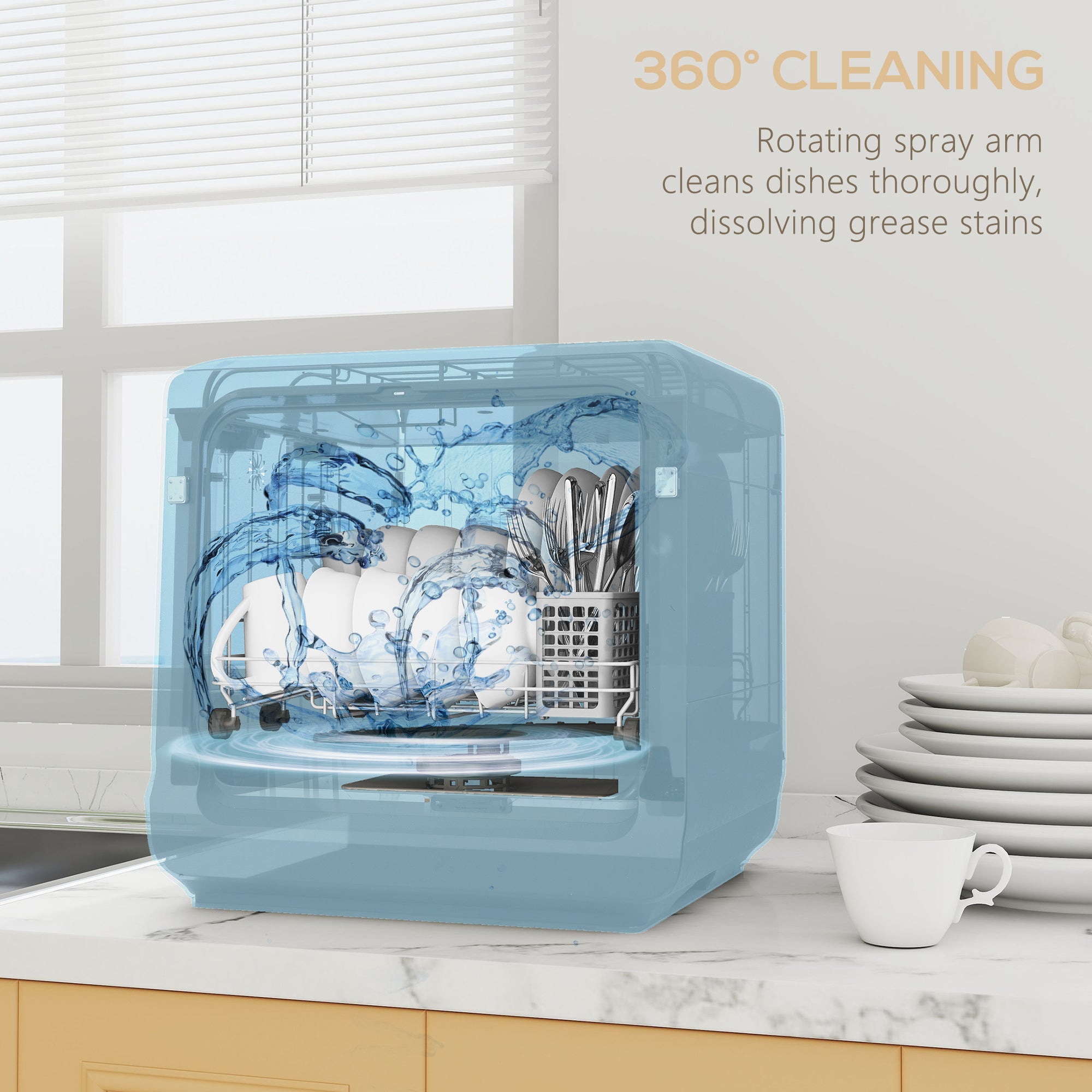 Kozy - Table Top Dishwasher with Built-in 6L Water Tank, Mini Countertop Dishwasher with 6 Programs, 4 Place Settings, Black
