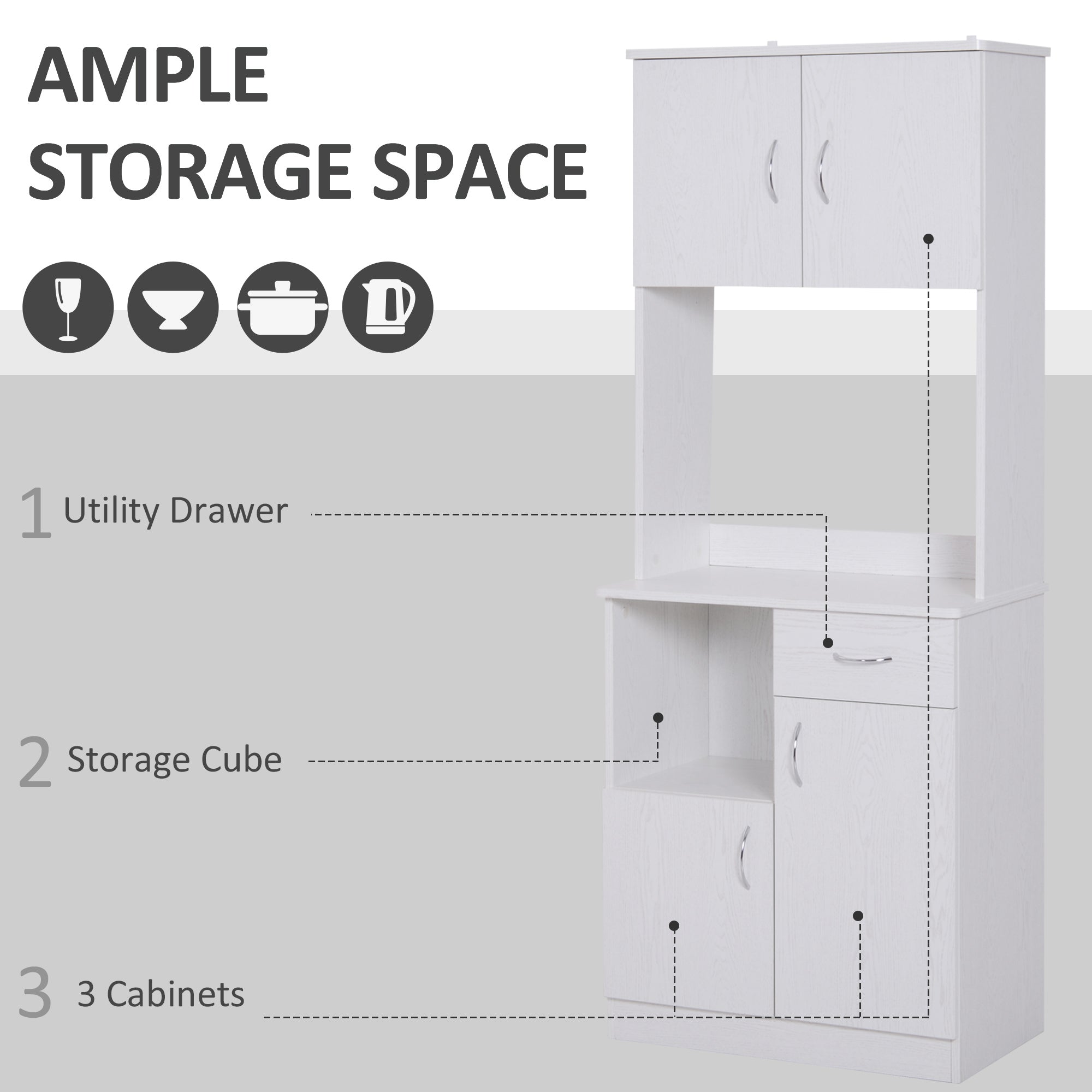 HOMCOM Kitchen Cupboard with Doors Cabinet Shelves Drawer Open Countertop Storage Cabinet for Living Room, Entrance, White