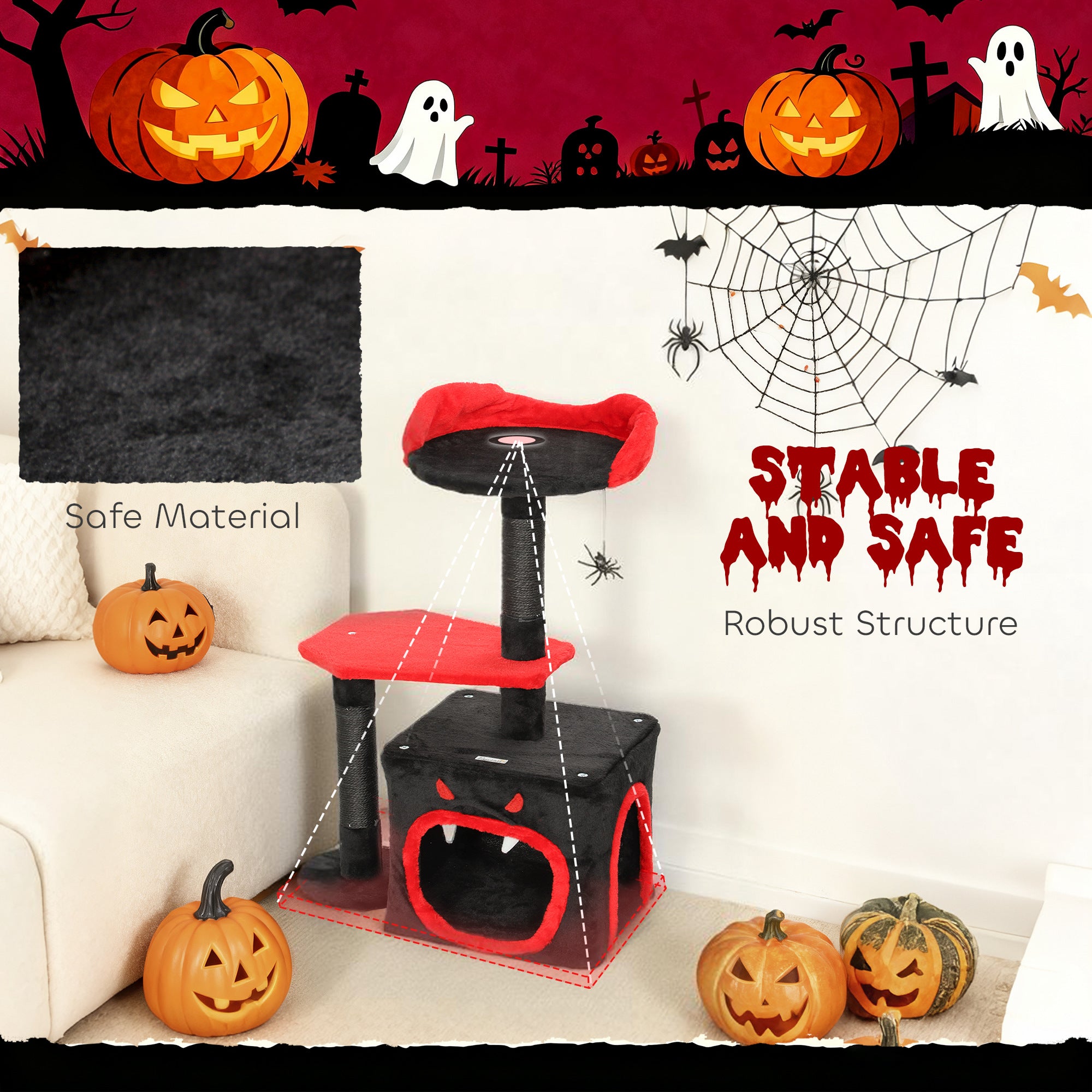 Kozy - Cat Tree, Gothic Cat Tower with Scratching Posts, Cute Condo, Coffin Platform, Bed and Spider Toy, Halloween
