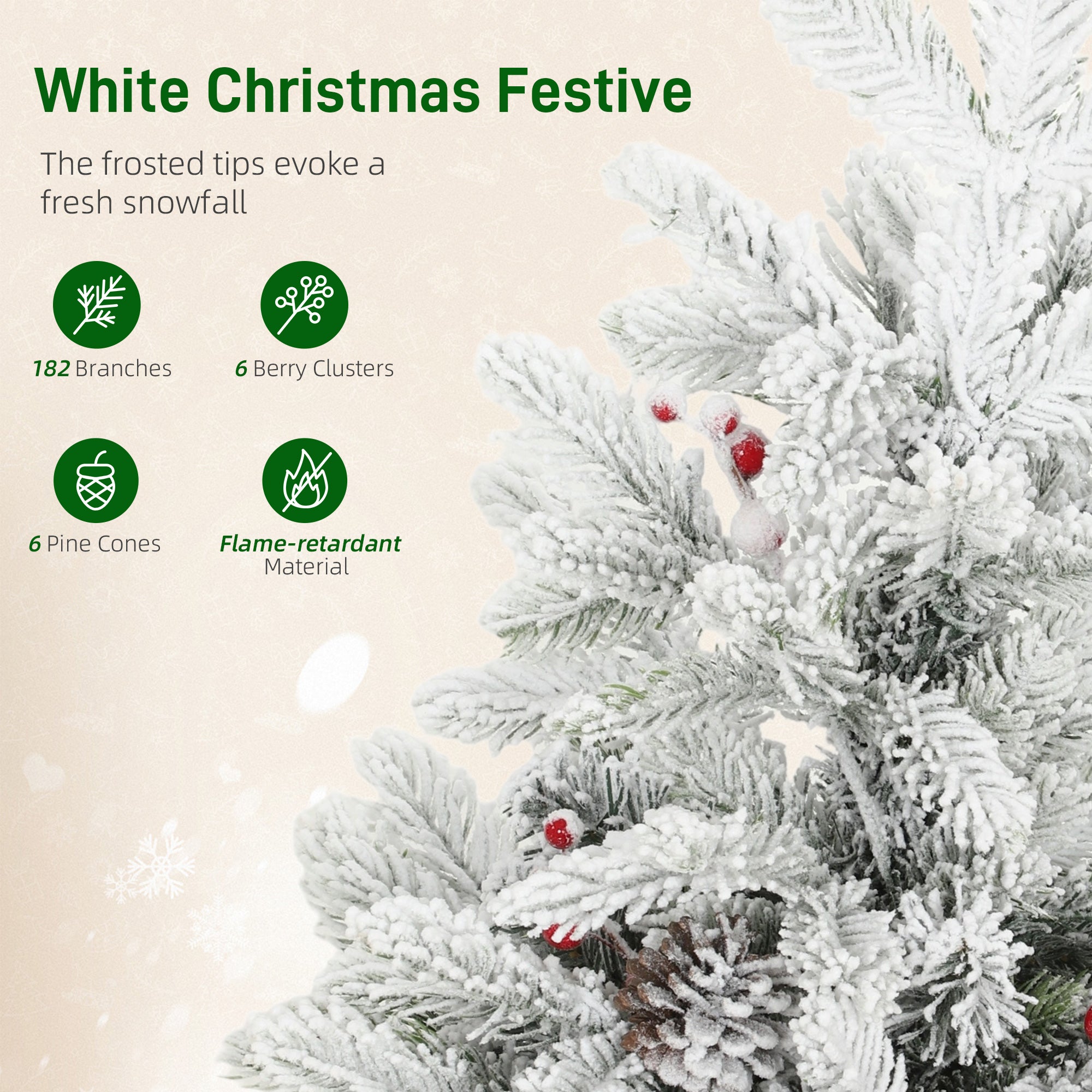 Kozy 60 cm Prelit Small Christmas Tree with 35 LED Lights, Snow Flocked Tabletop Mini Xmas Tree with Pine Cones, Berry Clusters and Linen Cover Base, Battery Operated, Green