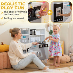 AIYAPLAY Kids Play Kitchen with Sound, Ice/Coffee Maker, Utensils, Microwave, Stainless Steel Utensils, for 3-6 Years