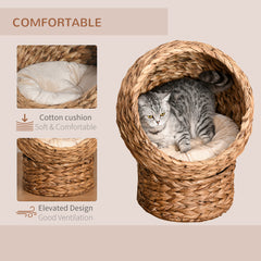 Kozy - Wicker Cat Bed, Raised Rattan Cat Basket with Cylindrical Base, Soft Washable Cushion, 40 x 37 x 51 cm - Brown