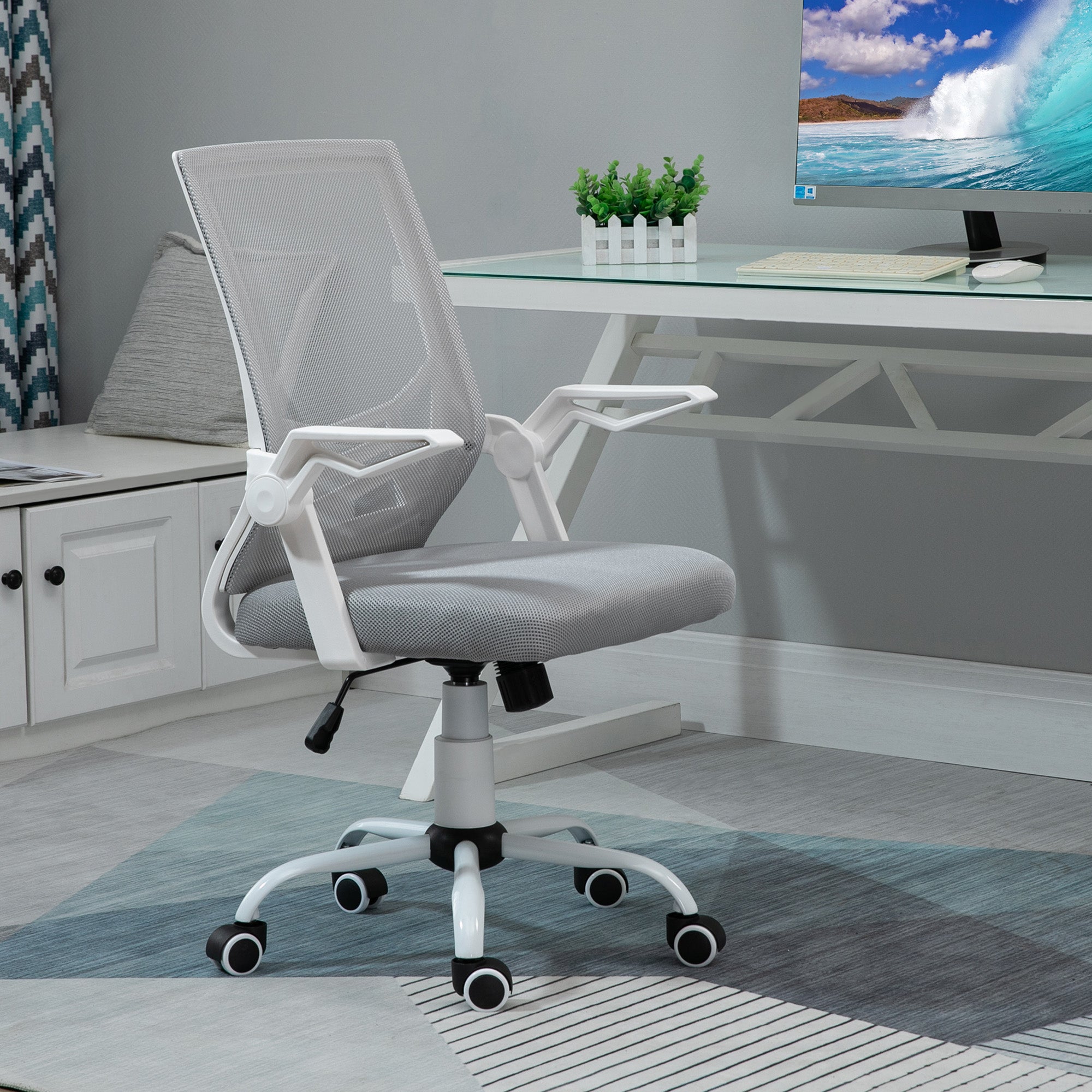 Kozy Office Chair with Flip-up Armrest, Mid Back Desk Chair with Mesh Back, Lumbar Support, Adjustable Height, Swivel Wheels for Home, Grey