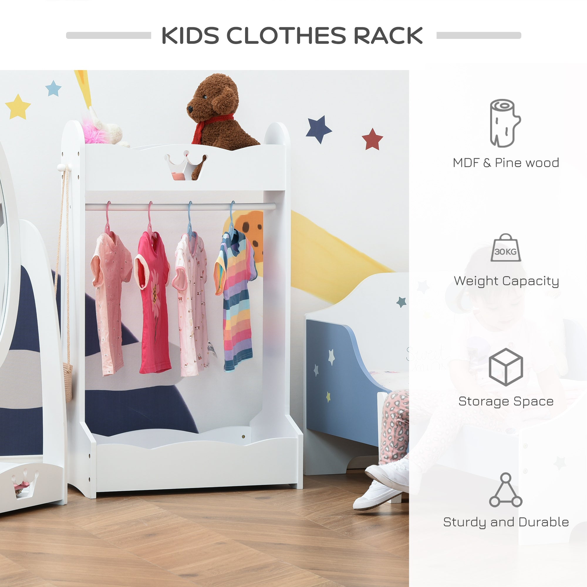 Kozy Kids Clothes Rail Wooden Hanging Rack with Storage Shelves Children Garment Freestanding Wardrobe for 3-8 Years Toddler, White
