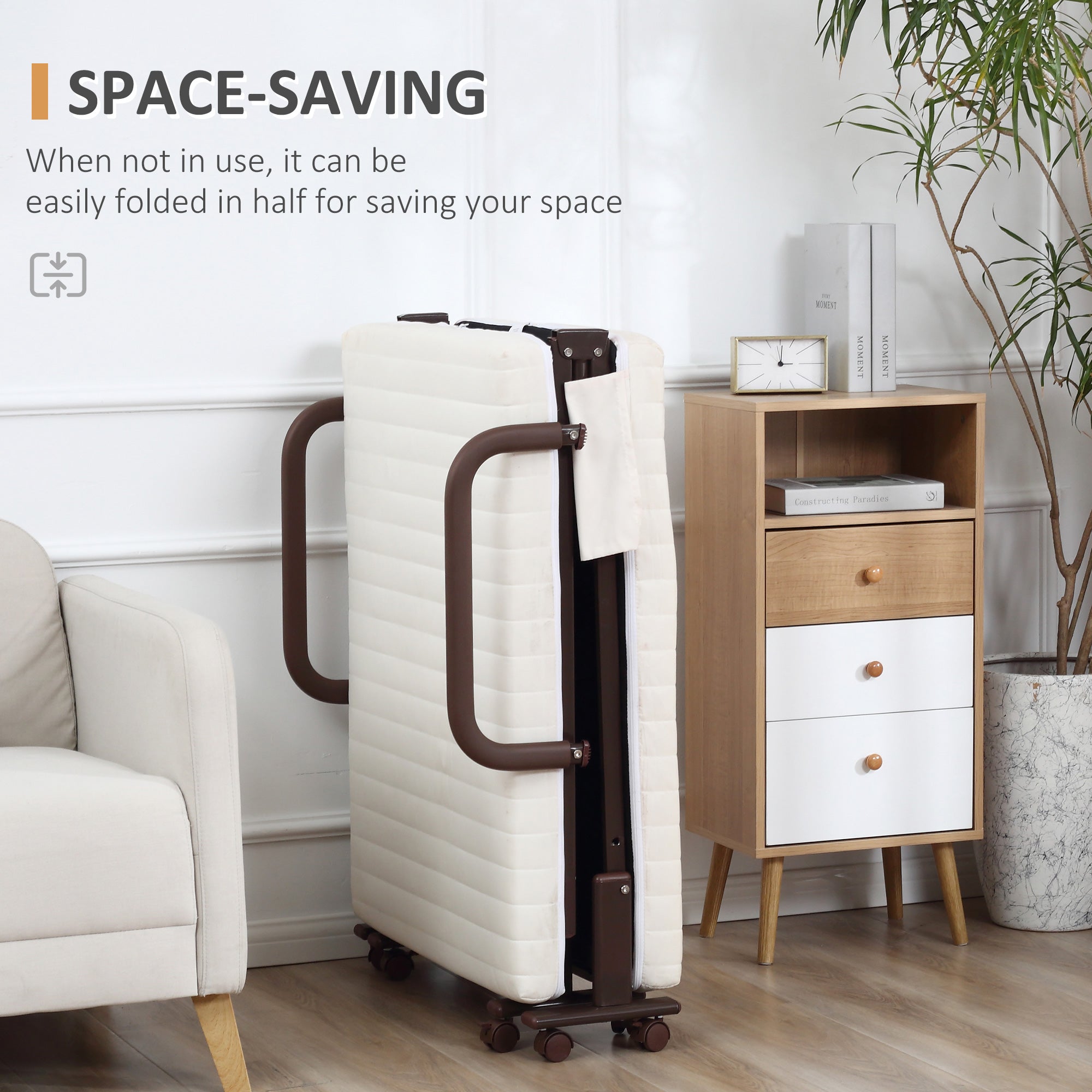 Kozy Folding Bed with Mattress, Single Guest Bed, Portable Fold Bed with Adjustable Backrest, Metal Frame on Wheels, White, 190 x 76 cm